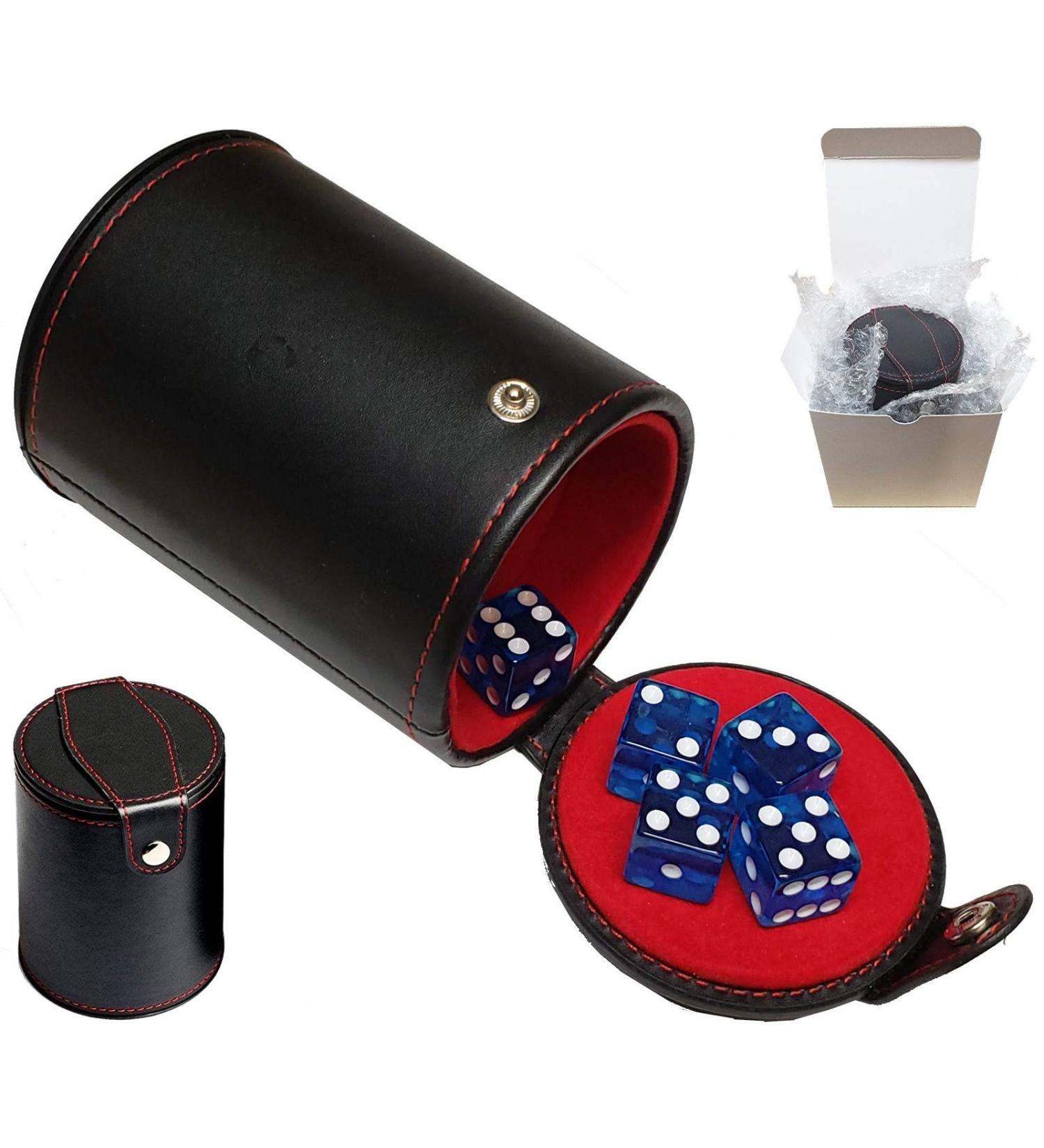 Black PU Leather Dice Cup Set with Storage Compartment, Red Felt Lined + 5 Transparent Dice (Blue) - Gift Boxed - Buy Online on GoSupps.com