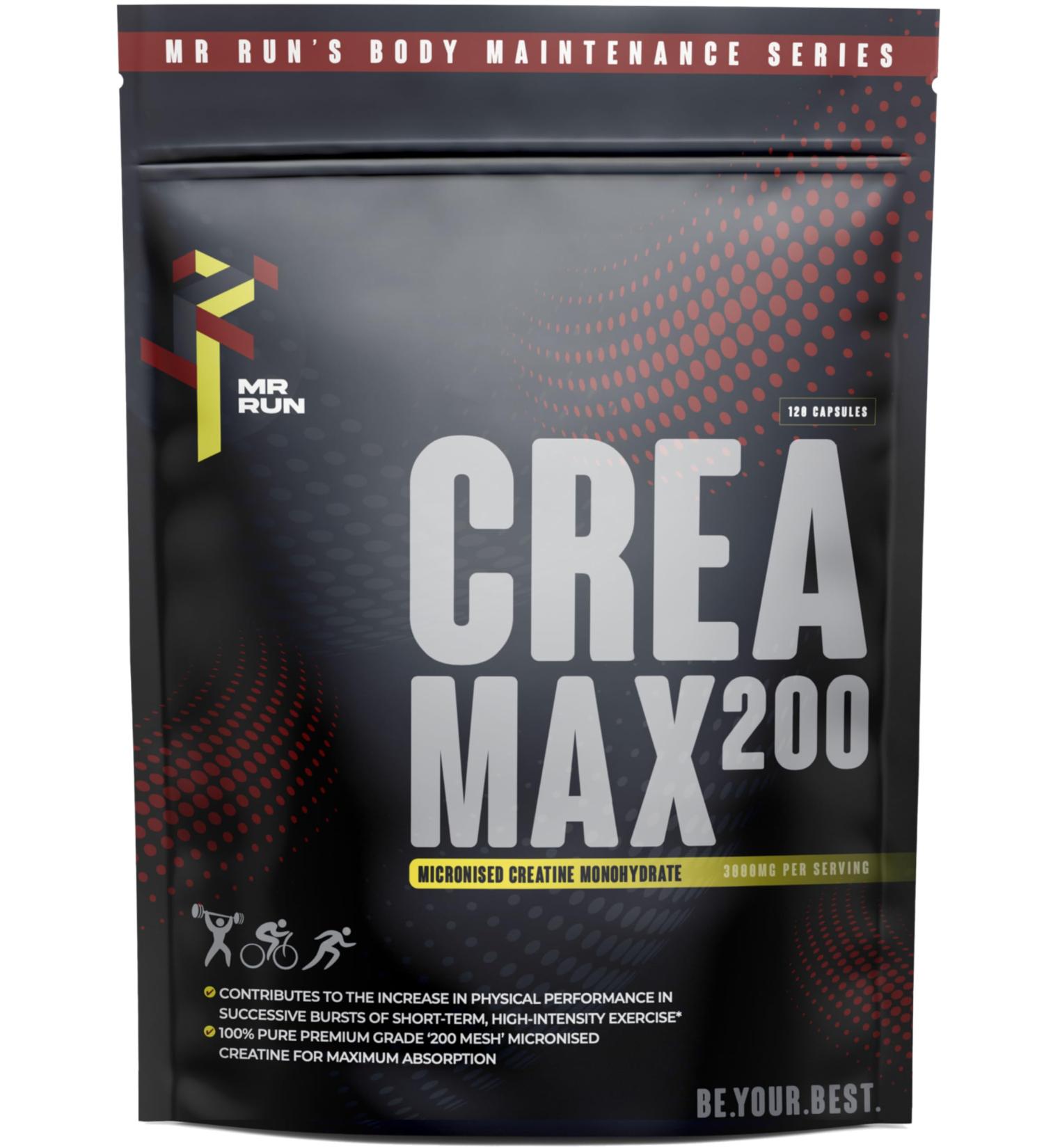 Mr Run's Crea Max 3000mg Pure Creatine Monohydrate Capsules - 120 Count for Muscle Growth - Vegan Gym Supplements for Men & Women - Buy Online on GoSupps.com