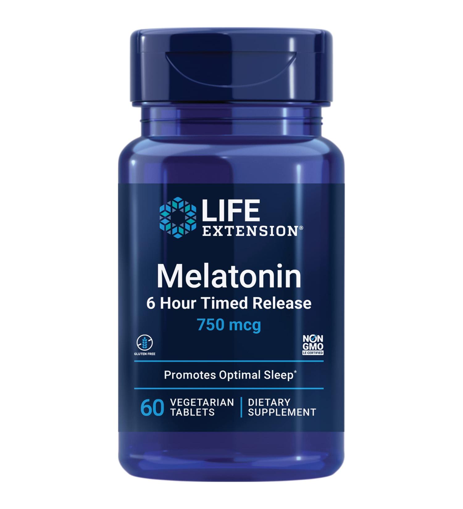 Life Extension Melatonin 750 mcg - 6 Hour Timed Release, 60 Vegetarian Tablets for Sleep Support - Buy Online on GoSupps.com