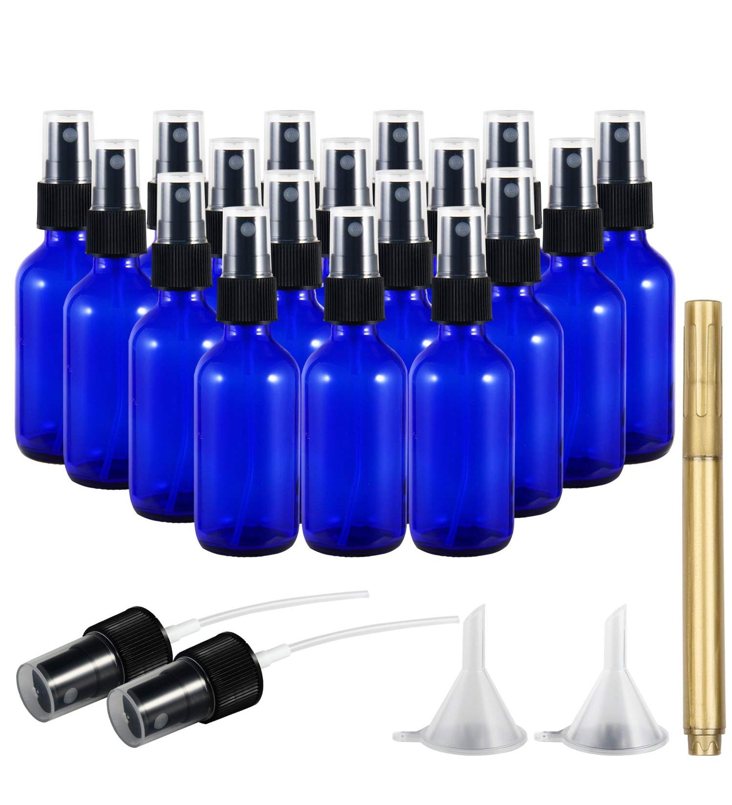Ruckae 2 oz Glass Spray Bottles 18-Piece Set with Funnel & Gold Glass Pen, Blue Fine Mist Sprayers - Shop Now! - Buy Online on GoSupps.com