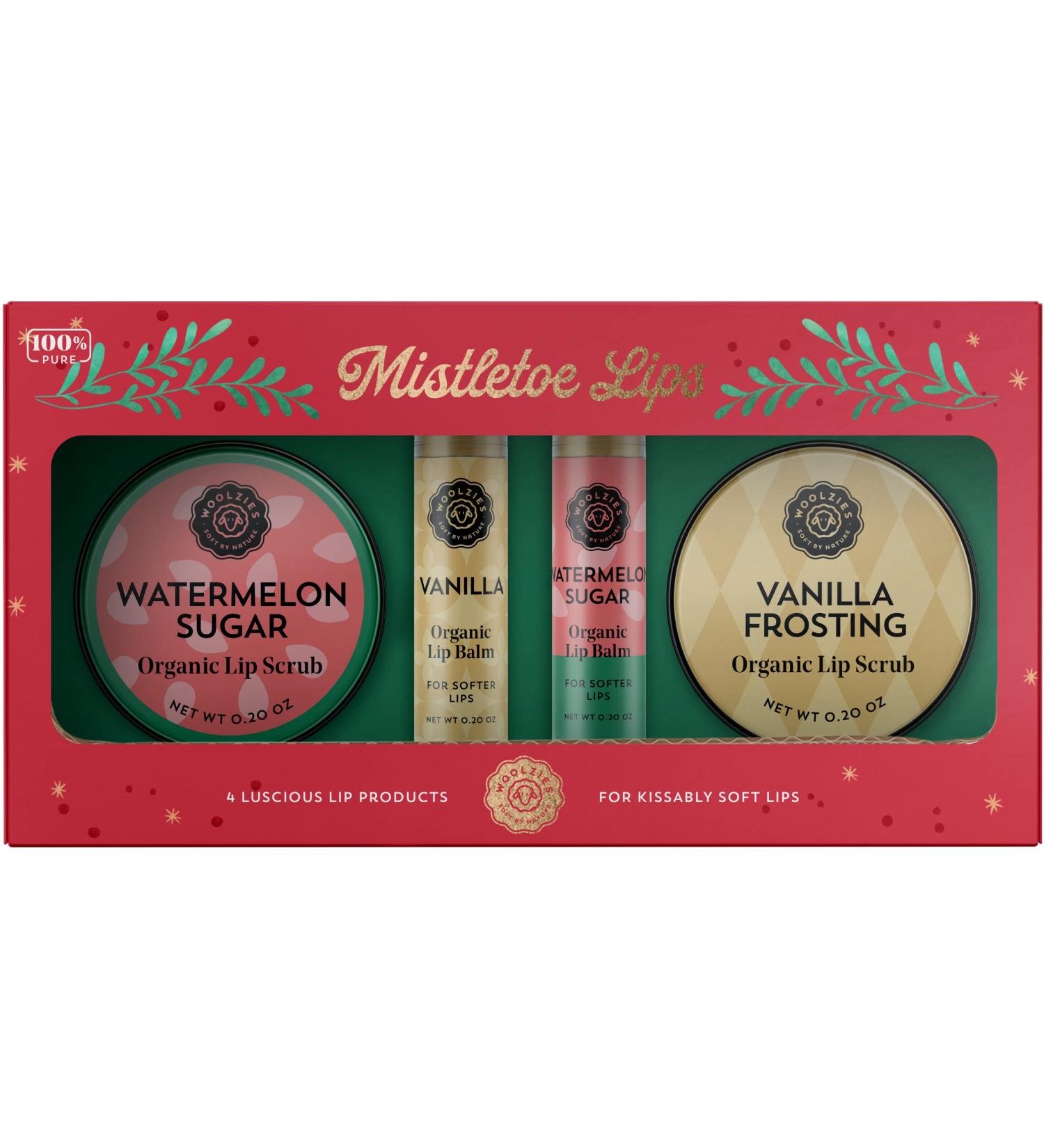 Woolzies Lip Care Kit Organic Lips Set with Vanilla Frosting & Watermelon Lip Balm & Scrubs 4 Pieces Natural Hydrating Unisex Holiday