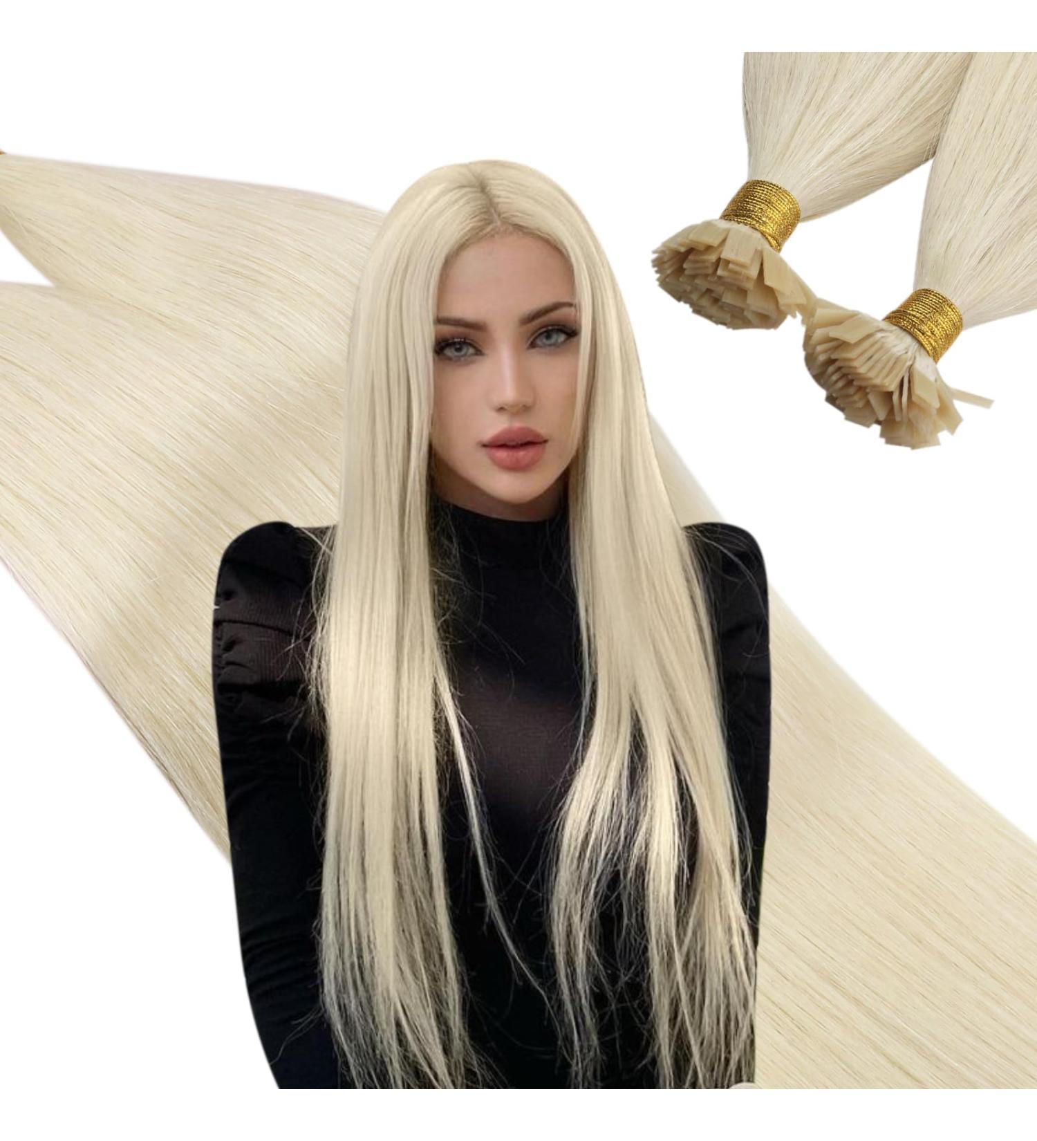 UGEAT Platinum Blonde Extensions - 60cm Keratin Bonding Real Hair - 50g Flat Tip 50 Strands #60 Color - Buy Online on GoSupps.com