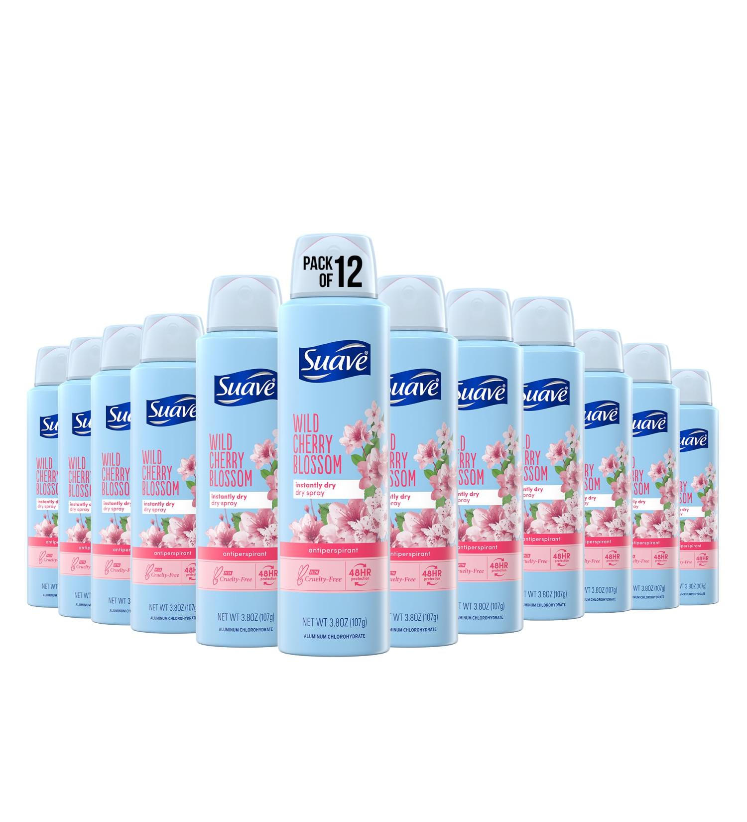 Suave Spray Deodorant Woman Wild Cherry Blossom deodorant women spray Antiperspirant 48-Hour Odor & Wetness Protection 3.8 Oz (Pack 12)