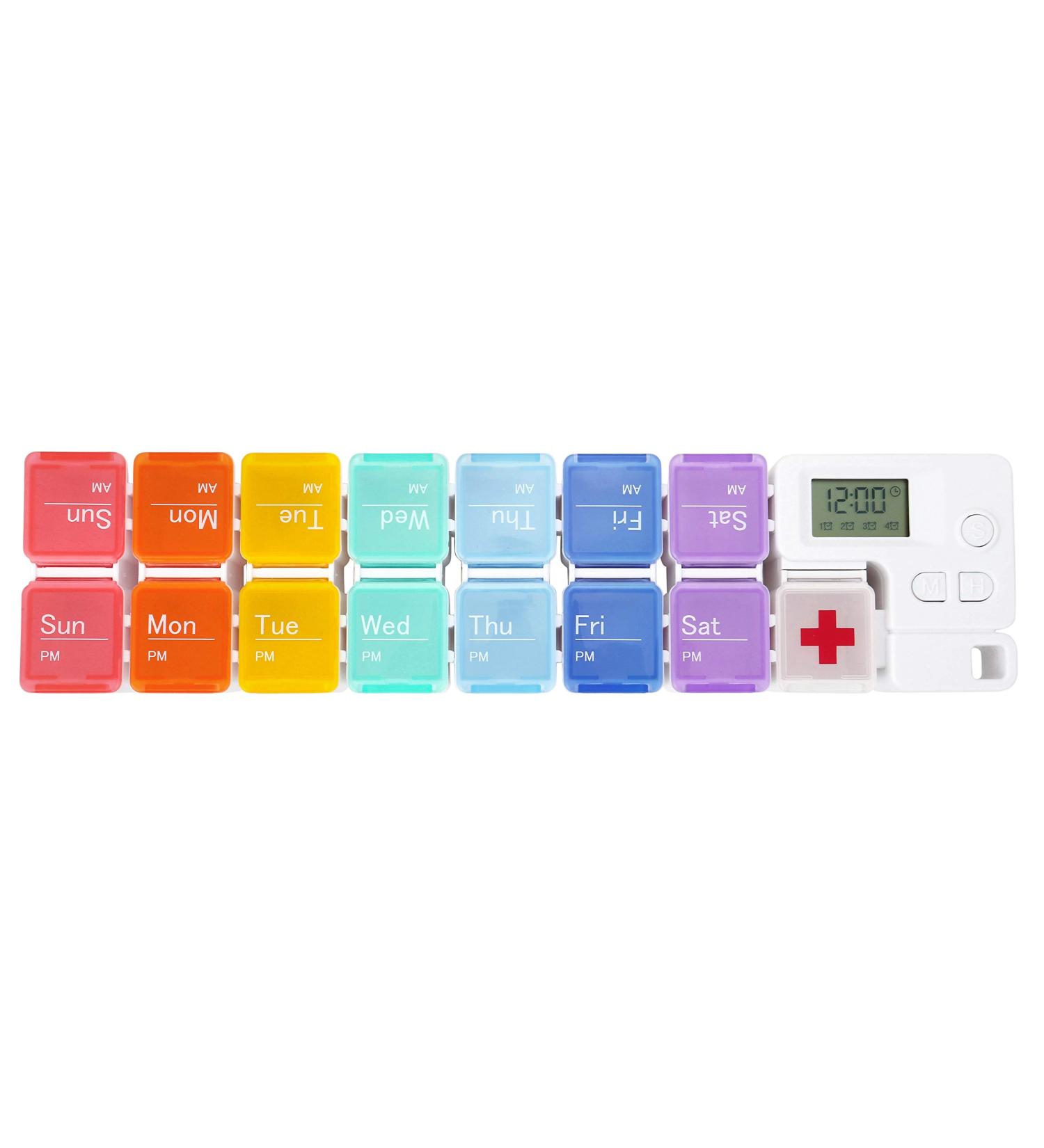 Cozycabin 7-Day Pill Organizer with Alarm - Large Weekly Vitamin & Medication Box (AM/PM) for Travel - Rainbow - Buy Online on GoSupps.com