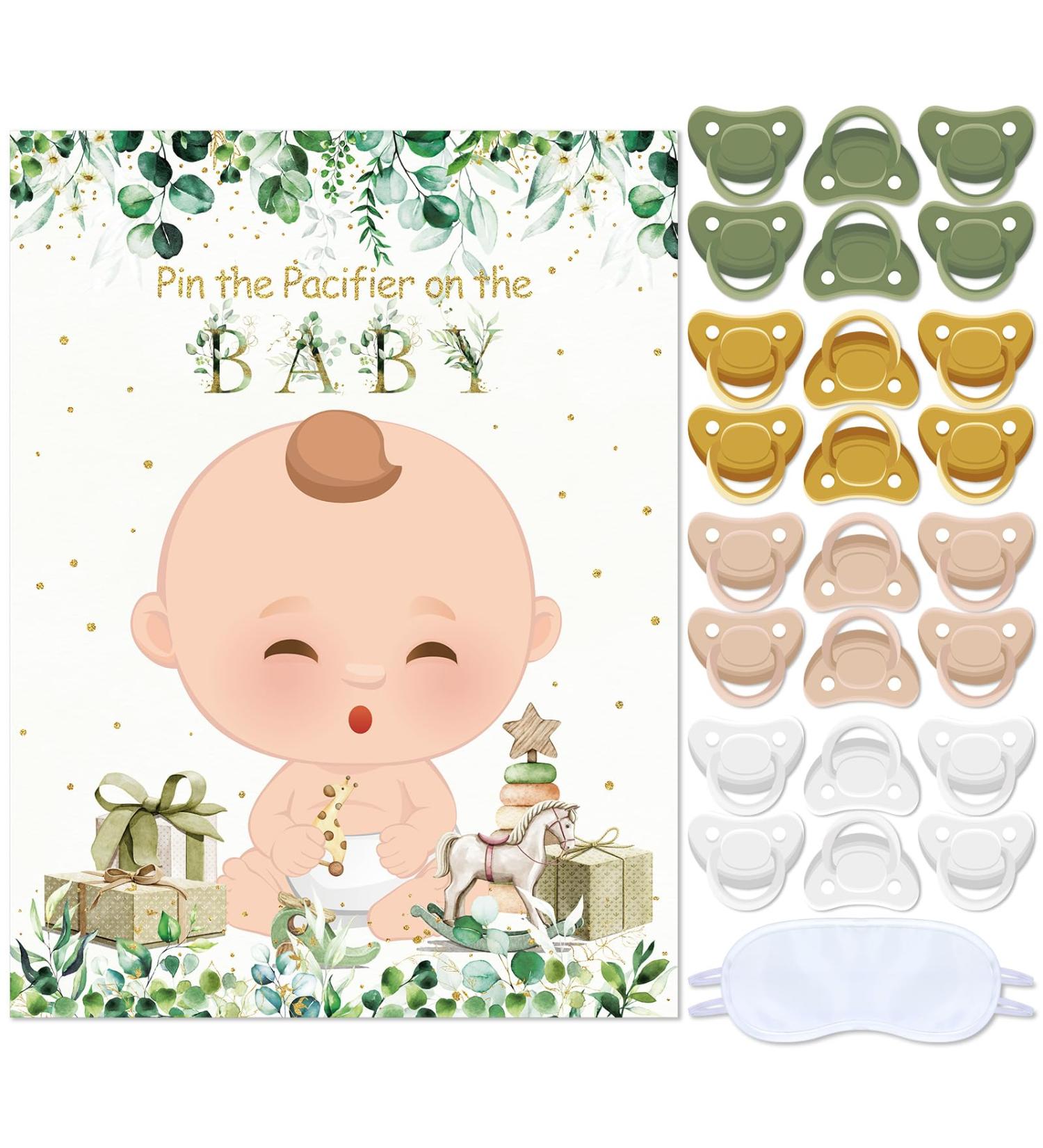 Sinmoe Pin the Pacifier Game - Baby Party Decorations | 24 Stickers & Poster Set for Girl's Birthday | Fun Sage Green Theme - Buy Online on GoSupps.com