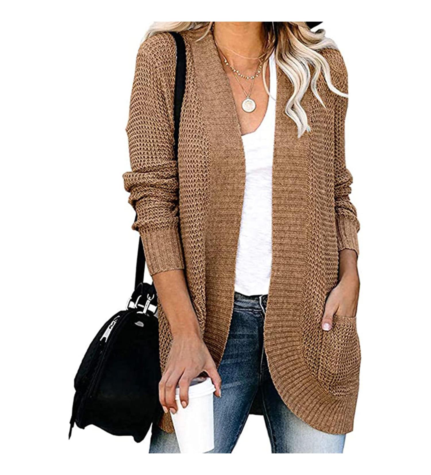 Autumn And Winter Women's Casual Fashion V-neck Solid Color Loose Long Sleeve Pockets Cardigan Cardigan Women S Brown