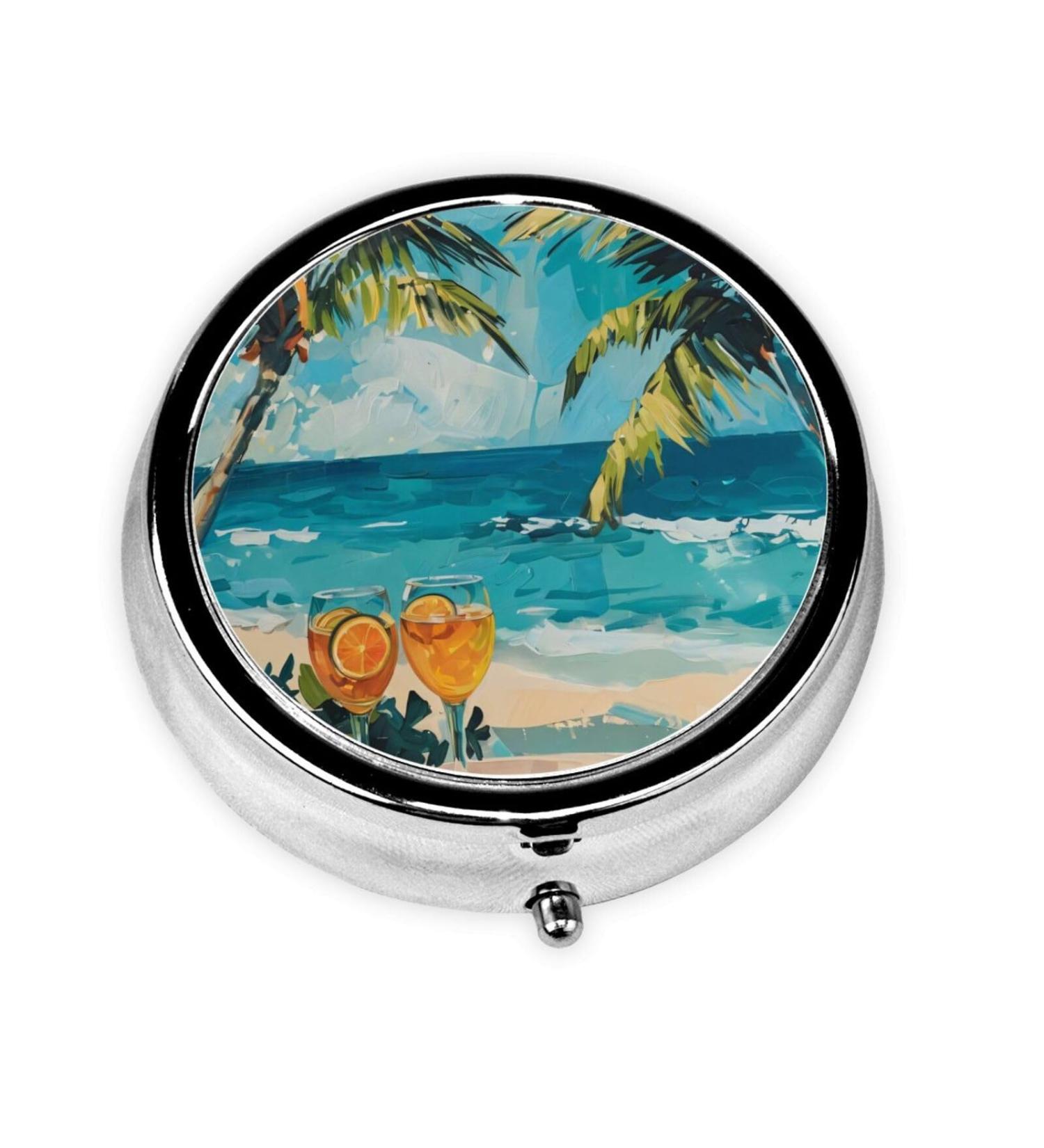 Beach & Cocktails Portable Metal Pill Box - Round Mini 3-Compartment for Travel | Small Pills Organizer - Buy Online on GoSupps.com