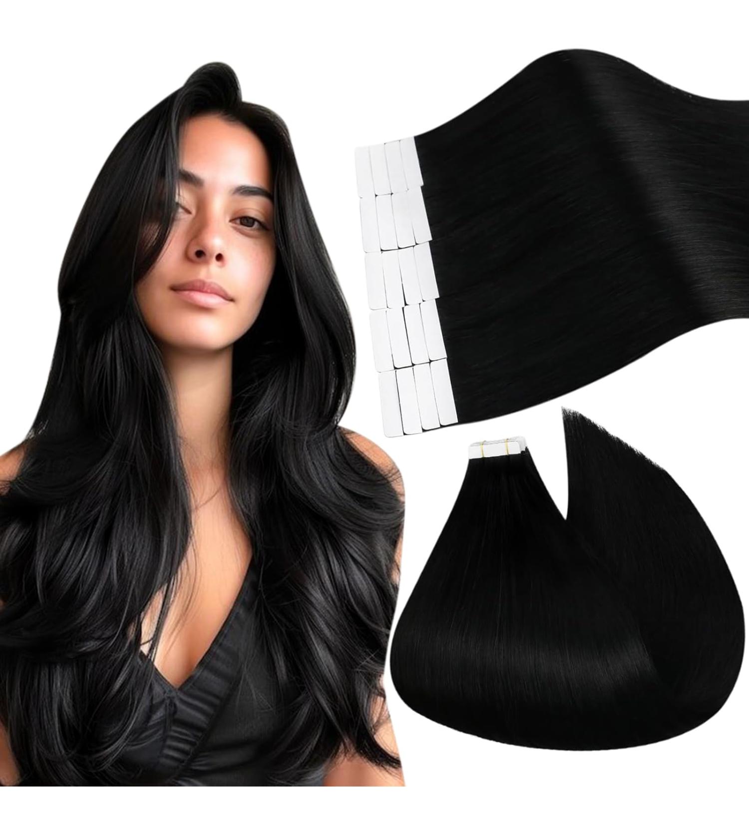 Ugeat Real Hair Tape Extensions - Black 55cm Remy Hair - 20 Pieces 50g - Premium Smooth Quality - Buy Online on GoSupps.com