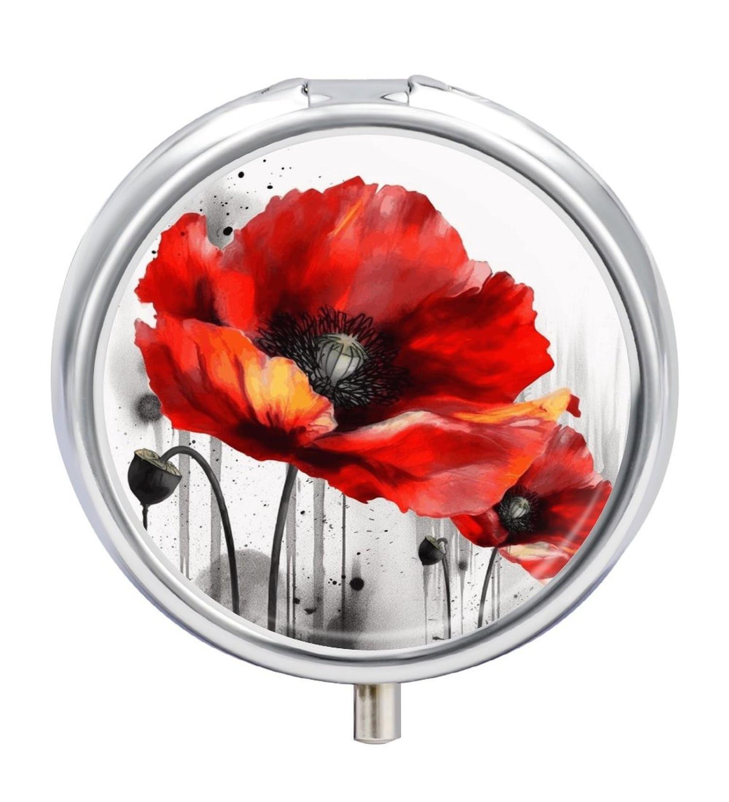 Round Poppy Flower Pill Box - 3 Compartment Portable Medicine Organizer | Decorative Metal Pocket Pill Case - Buy Online on GoSupps.com