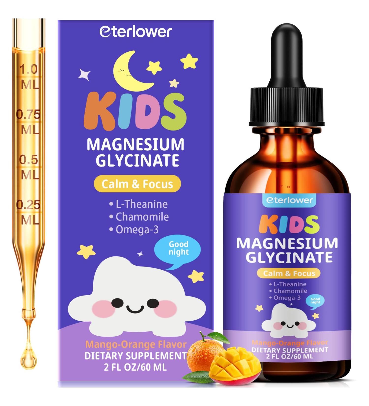 Kids Magnesium Glycinate Liquid Drops Magnesium for Kids with L-Theanine Omega-3 Vitamin D3 K2 Zinc for Sleep Calm Relaxation Brain Bones & Focus 2 Fl Oz Orange-Mango Flavor - Buy Online on GoSupps.com