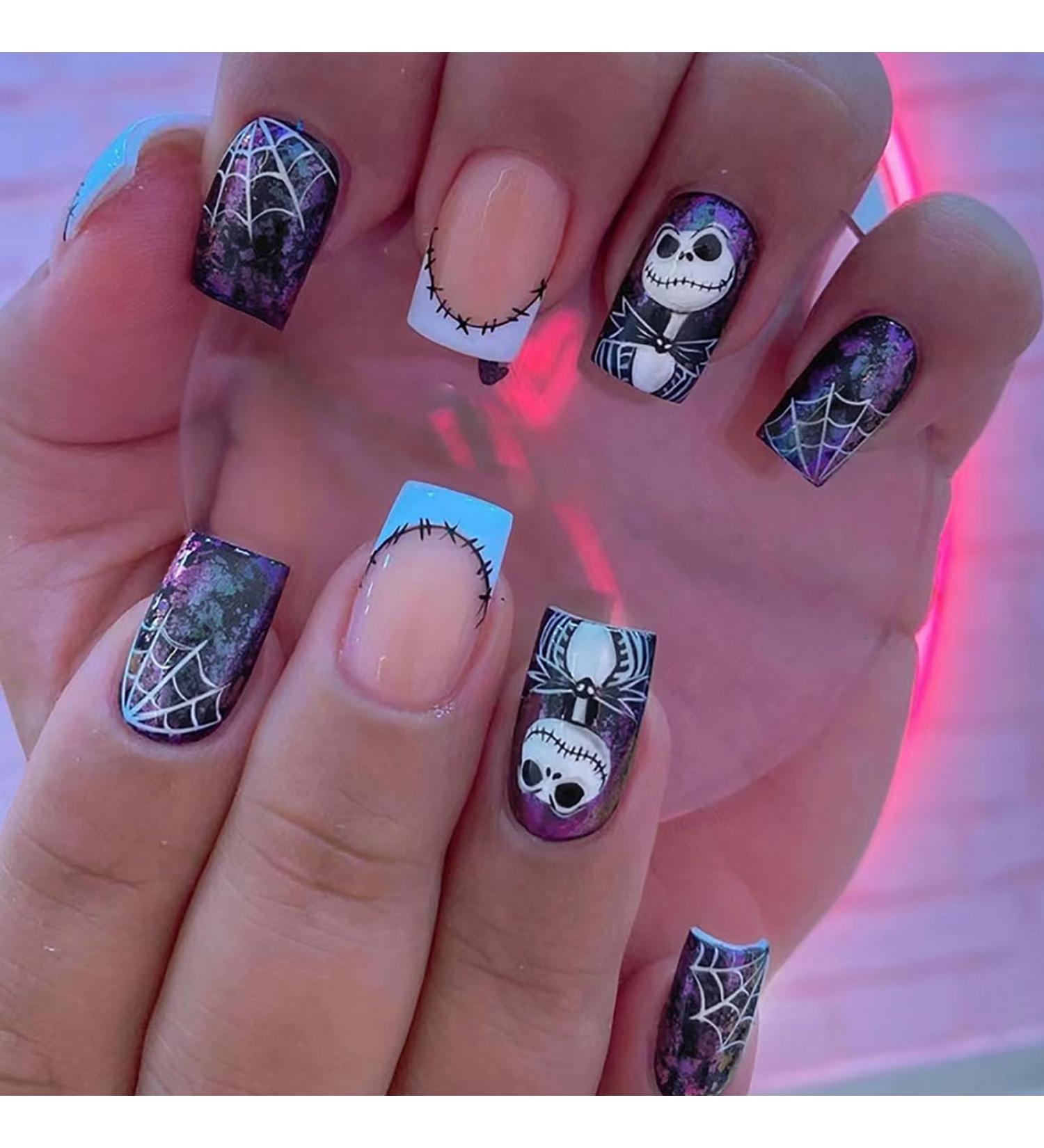 Shop Halloween Press On Nails - Medium Square French Fake Nails with White Spider Web | 24 Pcs Glossy Acrylic Nails for Women & Girls - Perfect for Nightmare Before Christmas - Buy Online on GoSupps.com