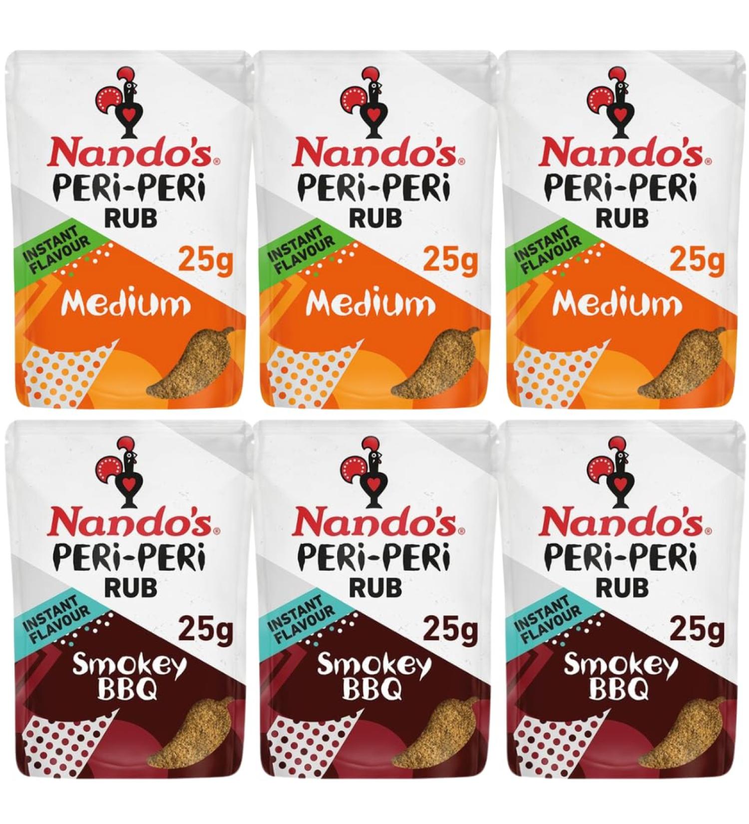 Medium Seasoning Rub 25g x3 With Smokey BBQ Seasoning Rub 25g x3- Bundle Consisting of Nando's x6 Pack - Buy Online on GoSupps.com