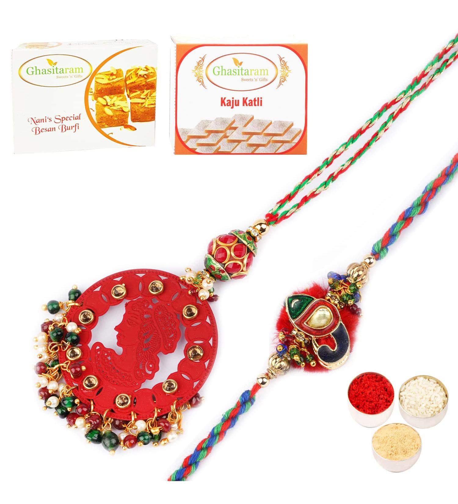 Ghasitaram Gifts Rakhis Online - Rakhi for Brother- RM-140 Bhaiya Bhabhi Rakhi with 200 GMS of Besan Barfi and 200 GMS of Kaju Katli Rakhi Set with 200 gms of Besan Barfi & Kaju Katli - Buy Online on GoSupps.com