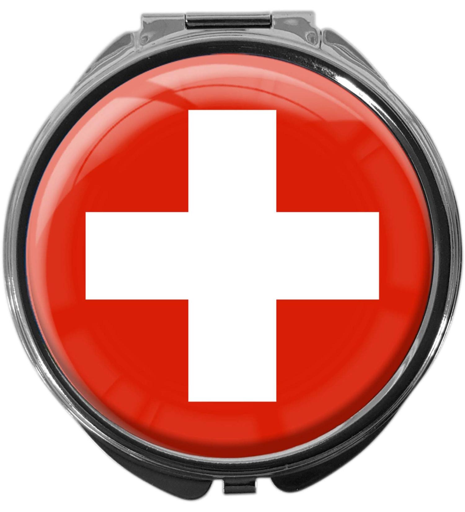 Metal Pill Box with Mirror - Round Swiss Flag Design 3 Compartments | Durable & Stylish - Buy Online on GoSupps.com
