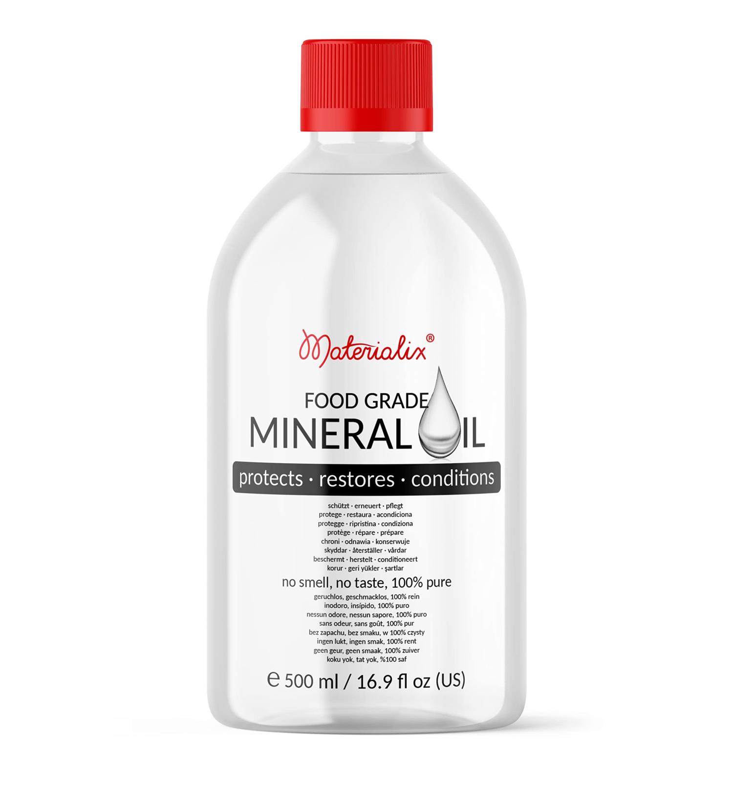 Materialix Food-Grade Mineral Oil (500ml) for Wood Bamboo Stone & DIY Cosmetics - Ideal for Balms Creams Lotions Hair Care & Ointments - Buy Online on GoSupps.com