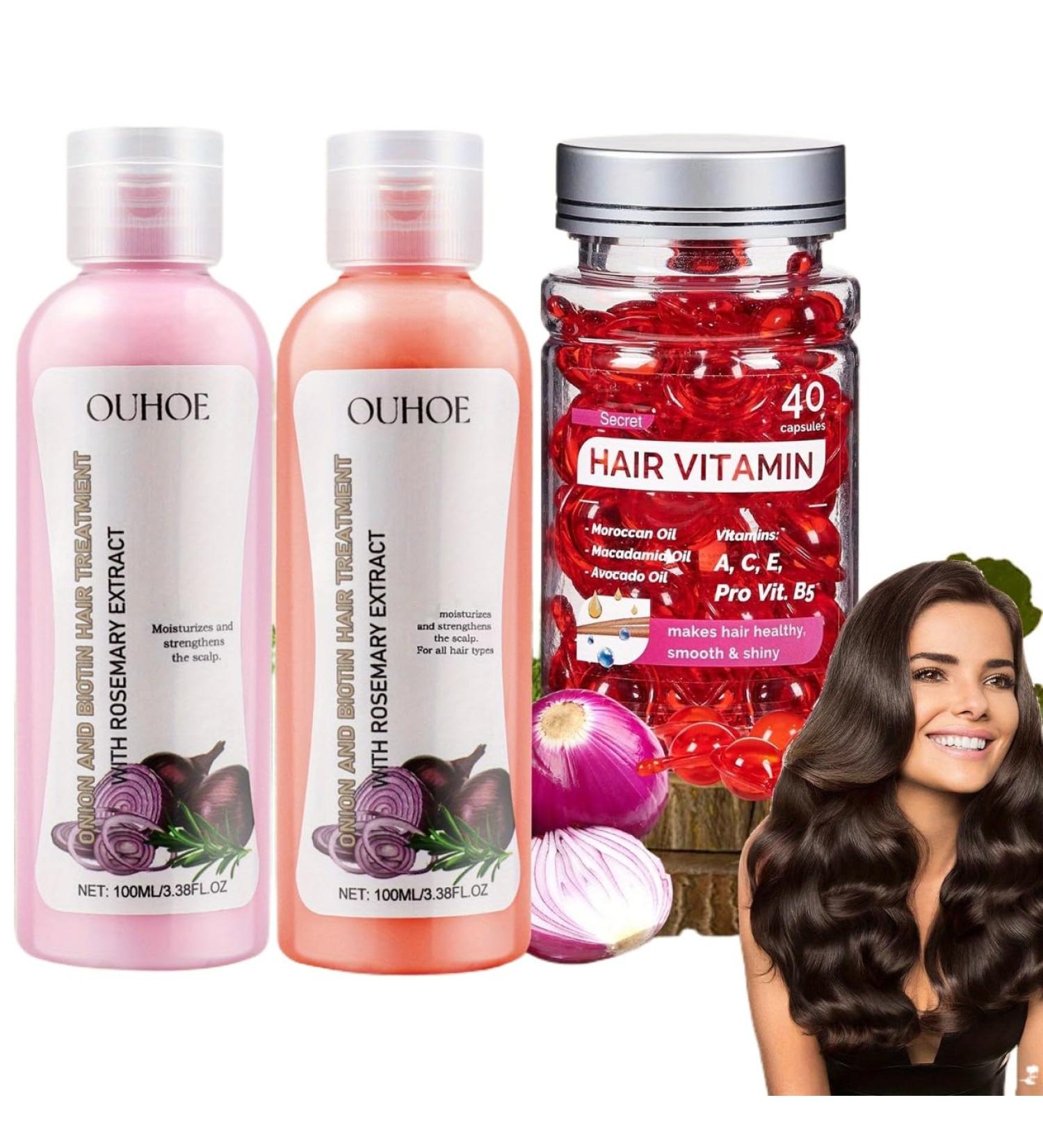 Onion Biotin & Rosemary Shampoo Set | Natural Hair Care for Dry Frizzy Hair - Hair Growth Serum with Moroccan Oil - Buy Online on GoSupps.com