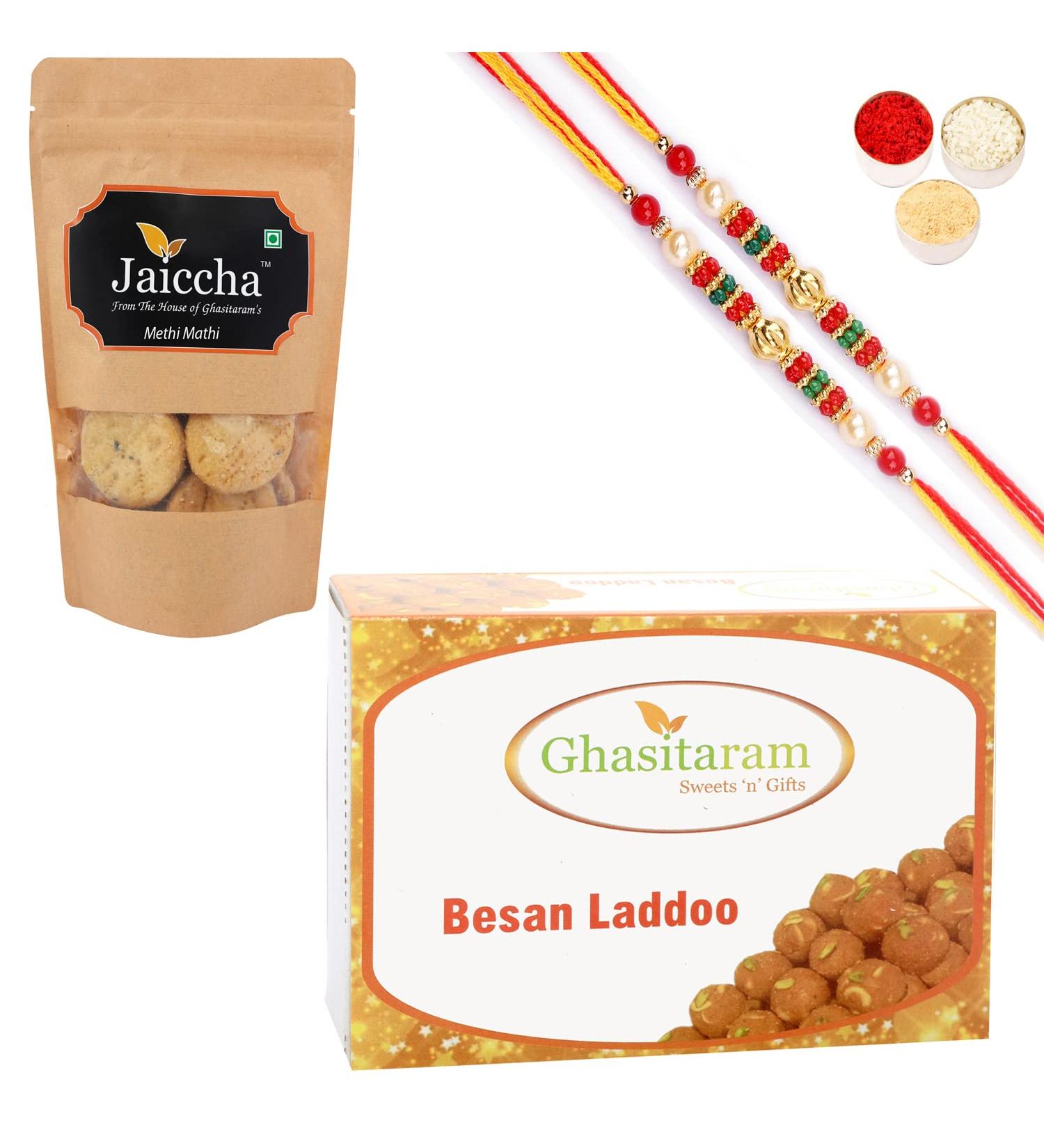Ghasitaram Gifts Rakhi Gifts for Brothers Rakhi Sweets - Best of 2 Besan Laddoo and Methi Mathi Pouch with 2 Pearl Beads Rakhis Best of 2 Besan Laddoo & Methi Mathi with 2 Rakhis - Buy Online on GoSupps.com