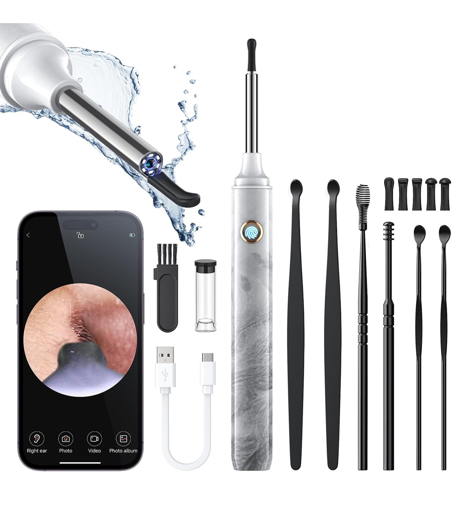 Ear Wax Removal Tool Camera - Ear Cleaner with 1080P HD Camera Otoscope with Light Earwax Removal Kit for iPhone iPad Android Phones (Light Gray)