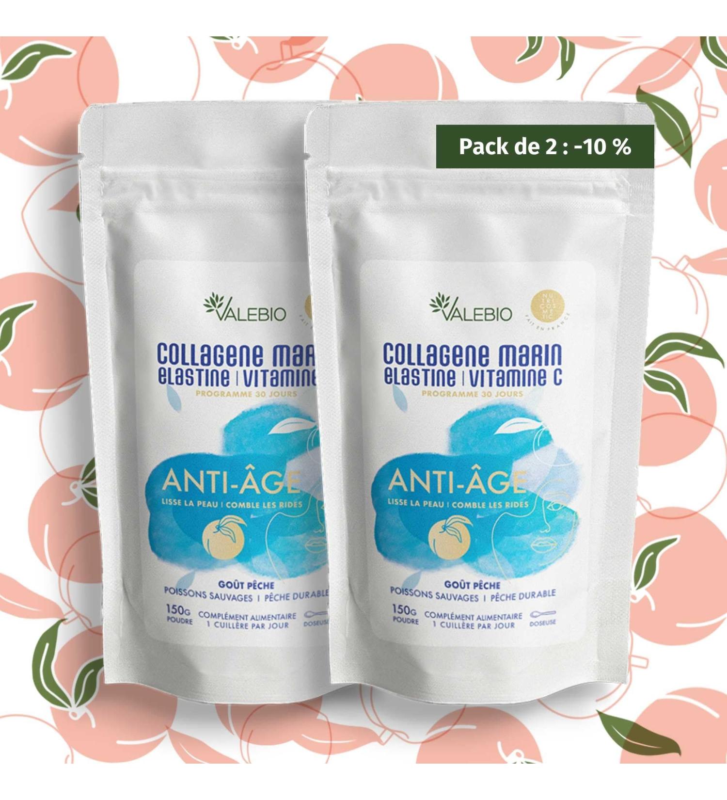 Pack 2 marine collagen powder peach taste type 1-3 elastin & vitamin C | Anti-aging & anti-wrinkle | 150g | Cure 1 month | Made in France | Valebio - Buy Online on GoSupps.com