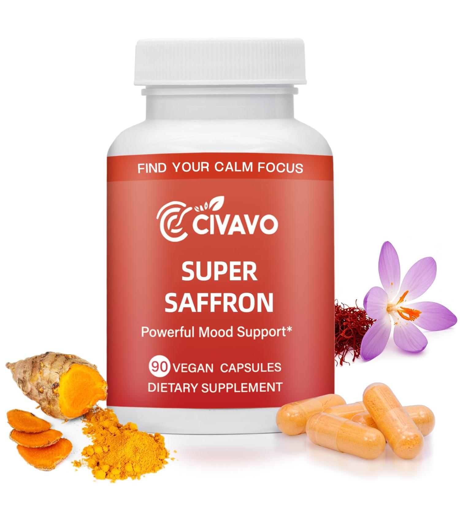 Super Saffron Supplements for a Happy Mind & Body - with Pure Optimized Organic Saffron Extract 30mg, Curcumin & Zinc - Vegan Non-GMO Pills Support Focus, Mood, Eye Health for Women & Men 90 Capsules - Buy Online on GoSupps.com