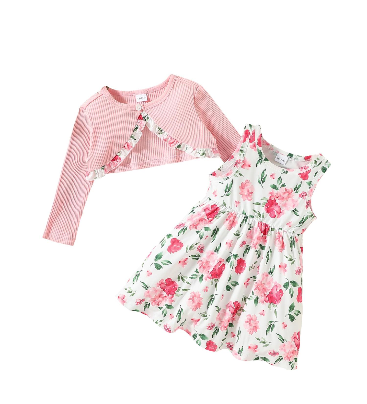Puseky Toddler Girl 2 Piece Floral Dress and Cardigan Set - Size 5-6 Years, Pink - Buy Online on GoSupps.com