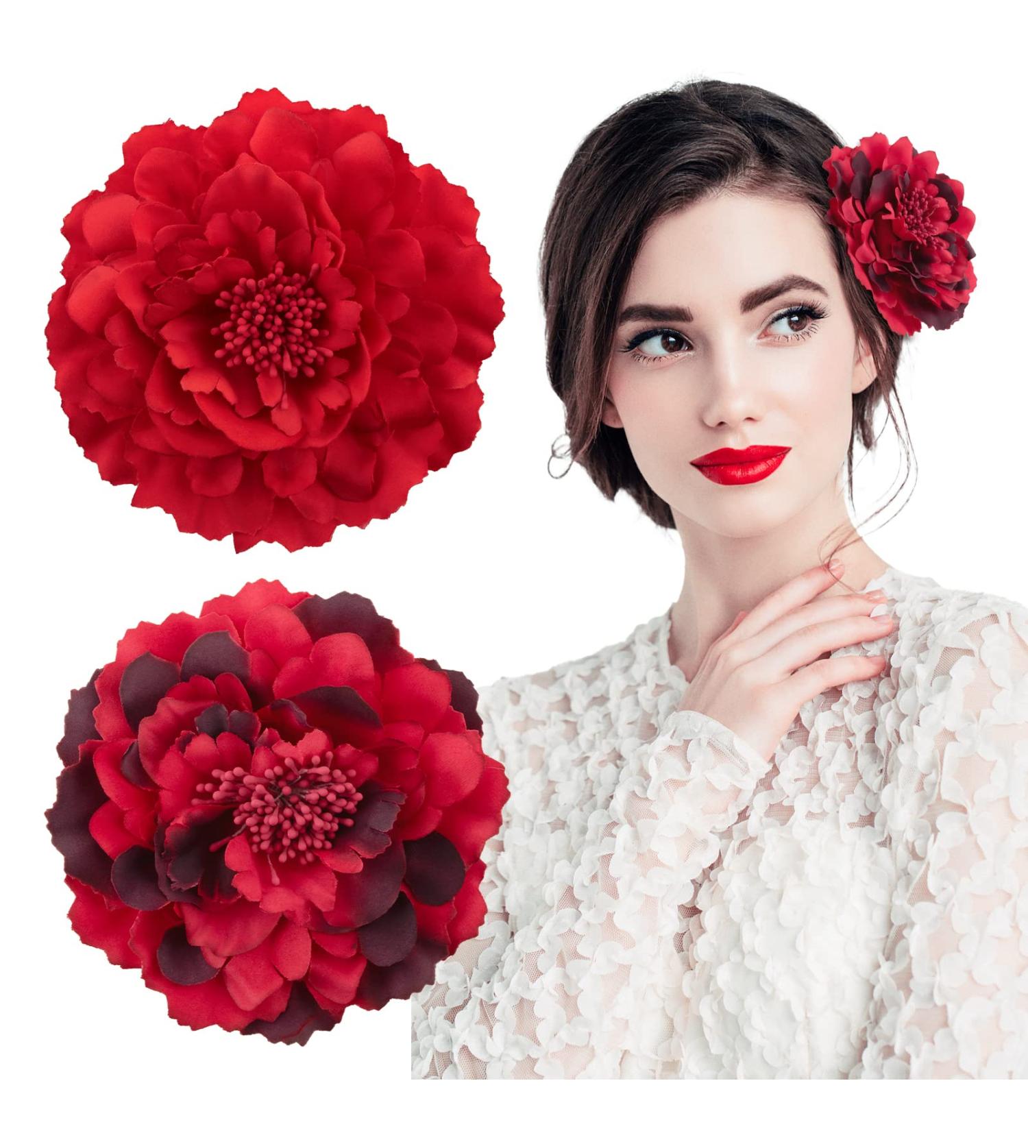 Bofunx 2-Piece Red Flower Hair Clips | Elegant Hair Jewelry for Parties Weddings Halloween & Masquerades - Buy Online on GoSupps.com
