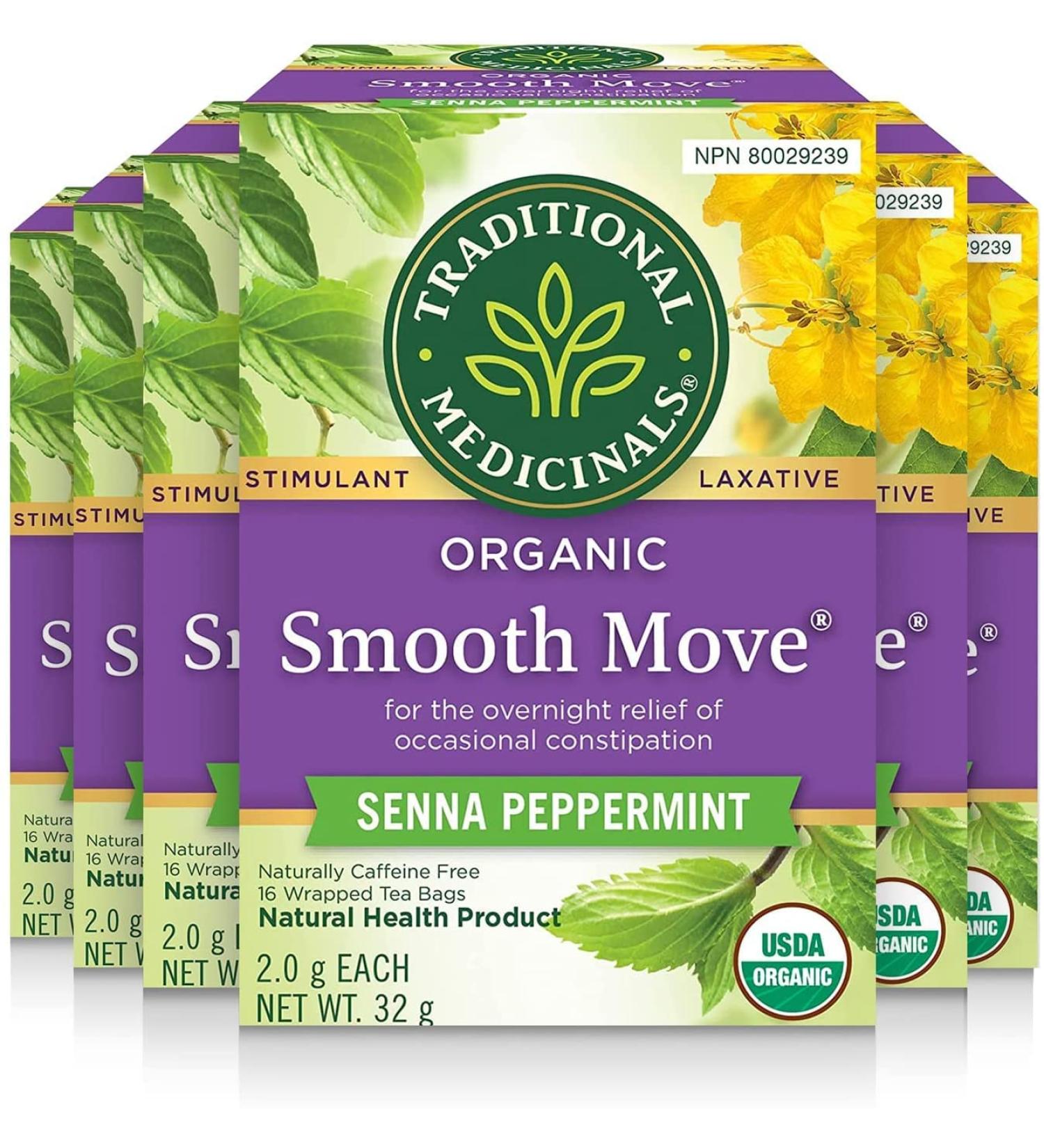 Traditional Medicinals - Organic Smooth Move Peppermint Laxative Herbal Tea (Pack of 6) - Gentle Overnight Relief of Occasional Constipation - 96 Tea Bags Total Organic Smooth Move Smooth Move Peppermint 16 Count (Pack of 6) - Buy Online on GoSupps.com