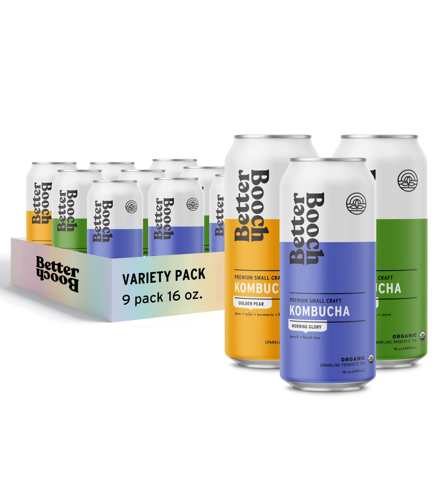 Better Booch Organic Kombucha Variety Pack - Probiotic Rich Sparkling Tea - Vegan, Gluten-Free & Low Sugar - 16 Fl Oz Cans, 9-Pack - Buy Online on GoSupps.com
