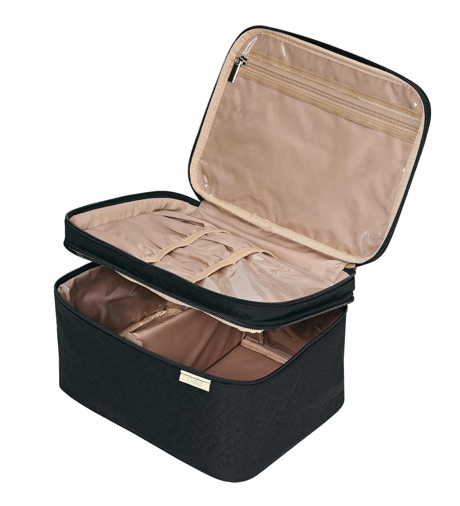 NISHEL Double Layer Travel Makeup Bag with Strap - Large Cosmetic Case Organizer for Bottles, Brushes, Tweezers, Eyeliner - Black(Tall Design) - Buy Online on GoSupps.com