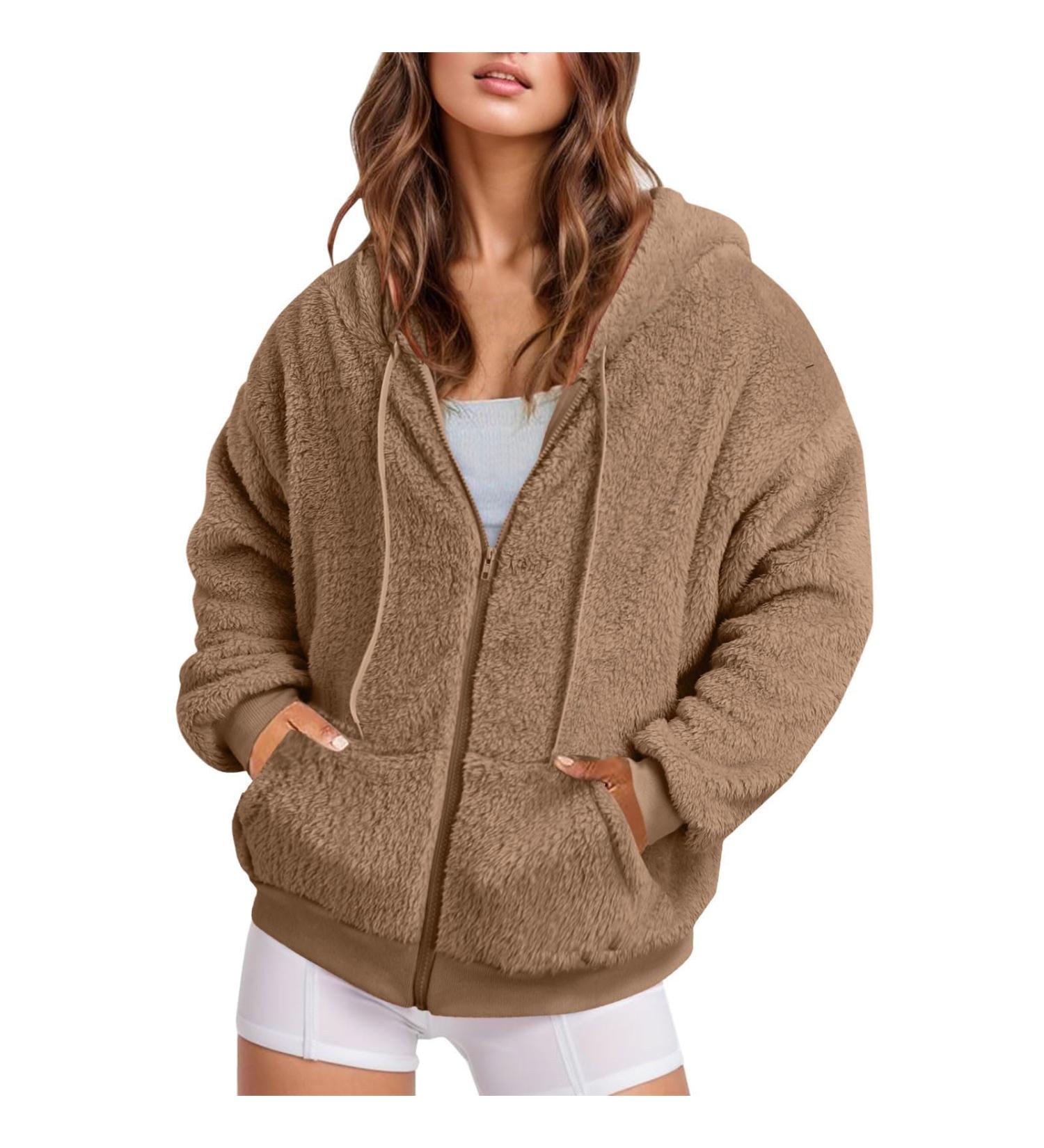Yihaojia Womens Warm Fuzzy Zip Up Hoodie Oversized Sherpa Jacket with Pockets Faux Fur Fleece Winter Coats Khaki#52 Large - Buy Online on GoSupps.com