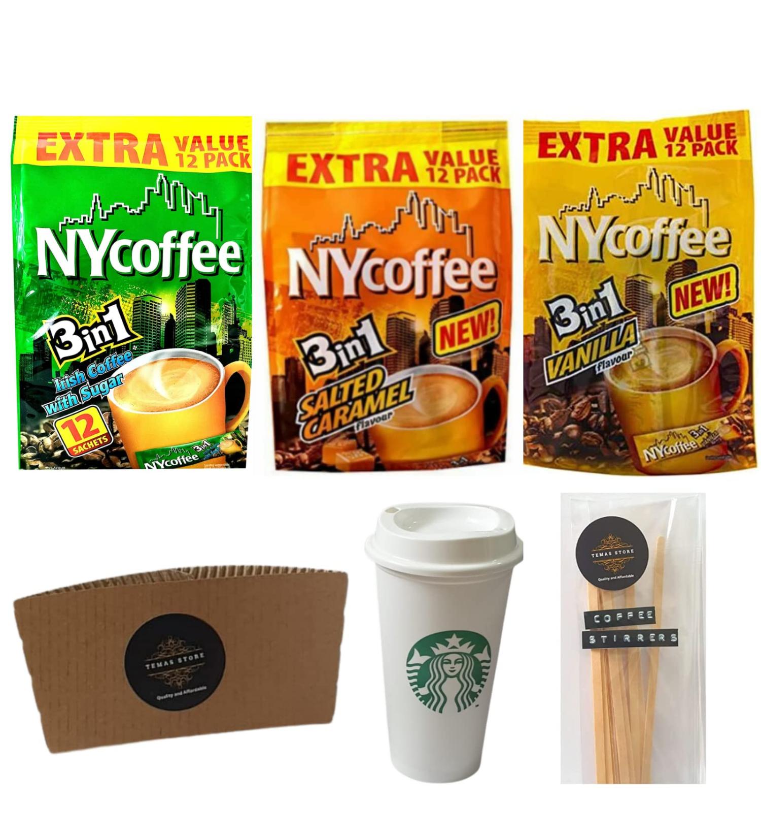 NYCoffee 3 in 1 Instant Coffee sachets|3 Flavours - Salted Caramel Vanilla & Irish Flavours Bundled with Temas Store Coffee Stirrers & Coffee Sleeves & Reusable Plastic Coffee Cup|36 Coffee Sachets - Buy Online on GoSupps.com