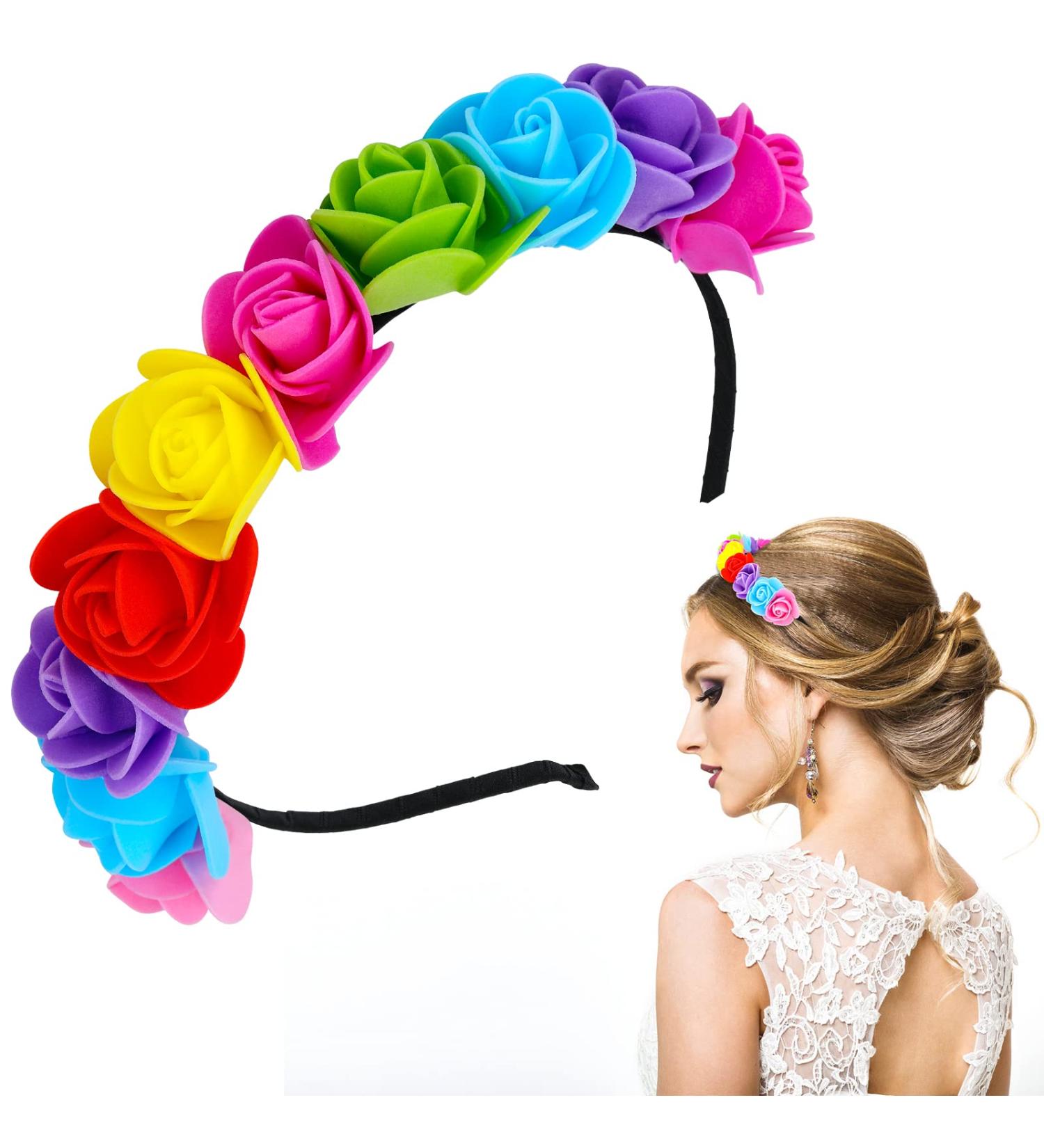 Floral Wedding crown PROUSKY Rose Flower Crown Hair Wreath Floral Headband Flower Hair Accessory Suitable for Wedding Parth Mother's Day Birthday Daily Wear Rainbow - Buy Online on GoSupps.com