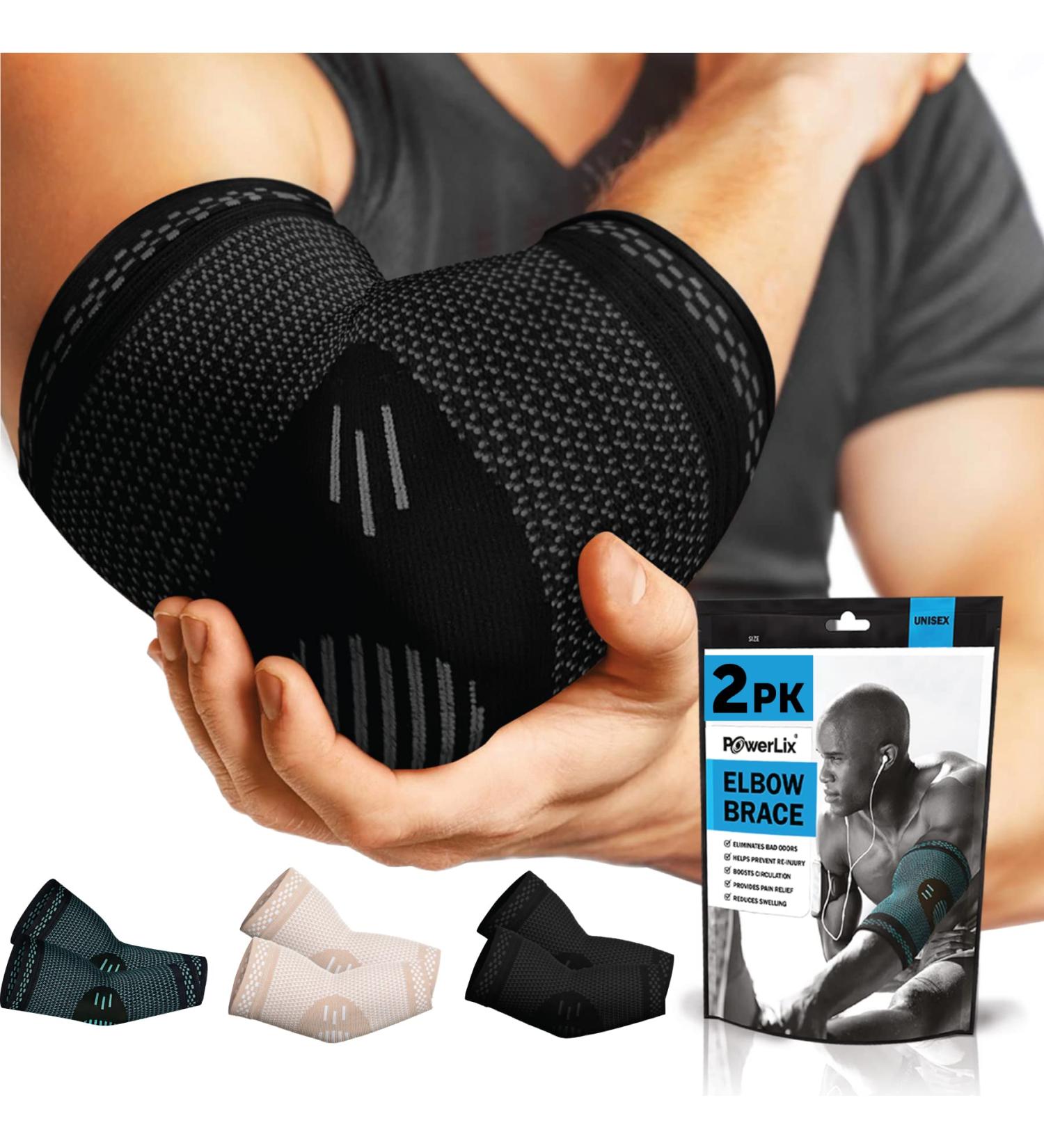 POWERLIX Elbow Brace Compression Support (Pair) - Large Black Sleeve for Tendonitis & Arthritis Relief - Ideal for Tennis, Golfers Elbow Treatment, Workouts & Weightlifting - Reduce Pain Effectively - Buy Online on GoSupps.com
