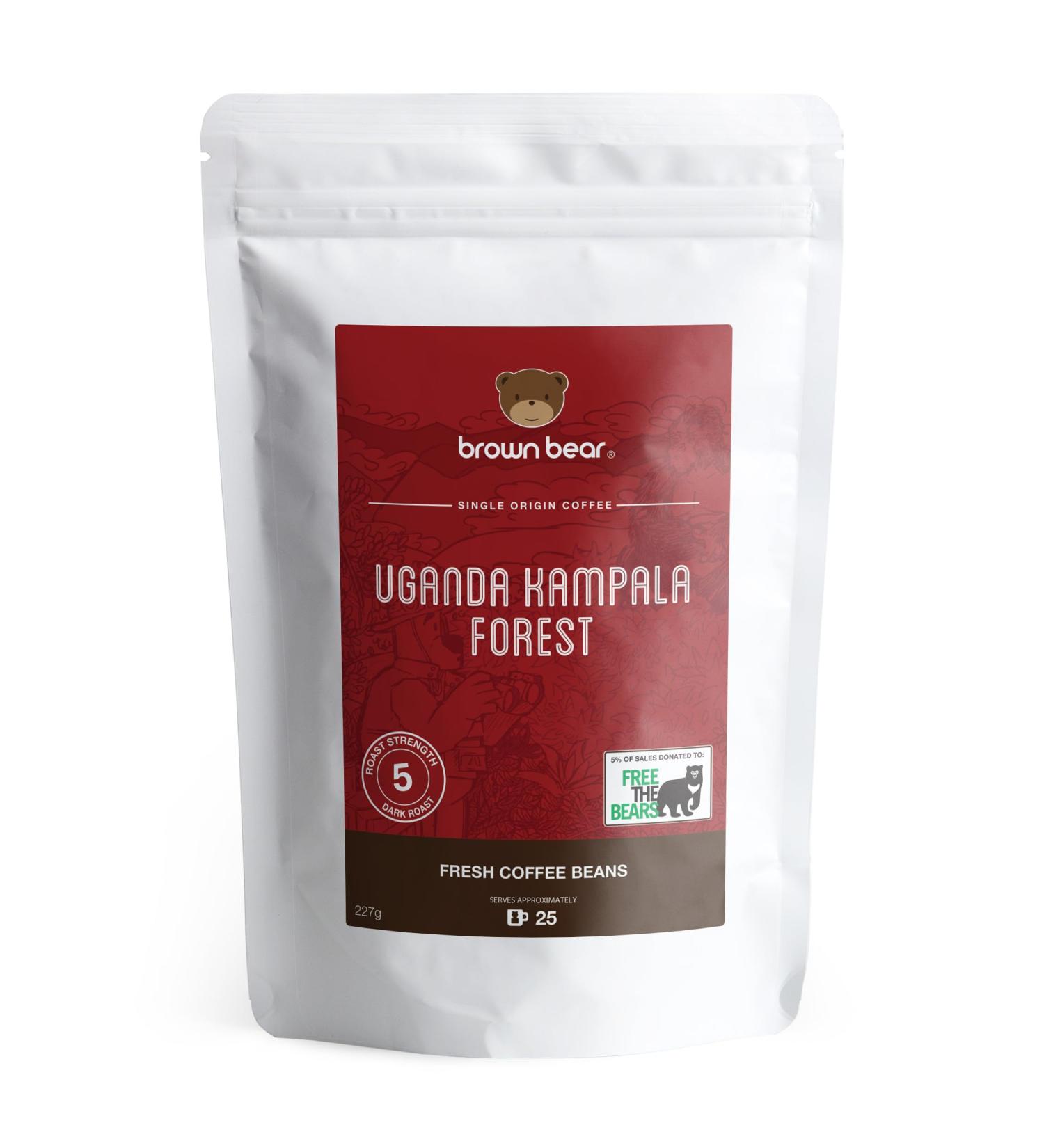Uganda Coffee Beans 227g - Very Strong Dark Roast Ugandan Robusta Coffee - Uganda Kampala Forest - Brown Bear - For All Coffee Machines - Strength 5 - Donation to Free The Bears - Buy Online on GoSupps.com