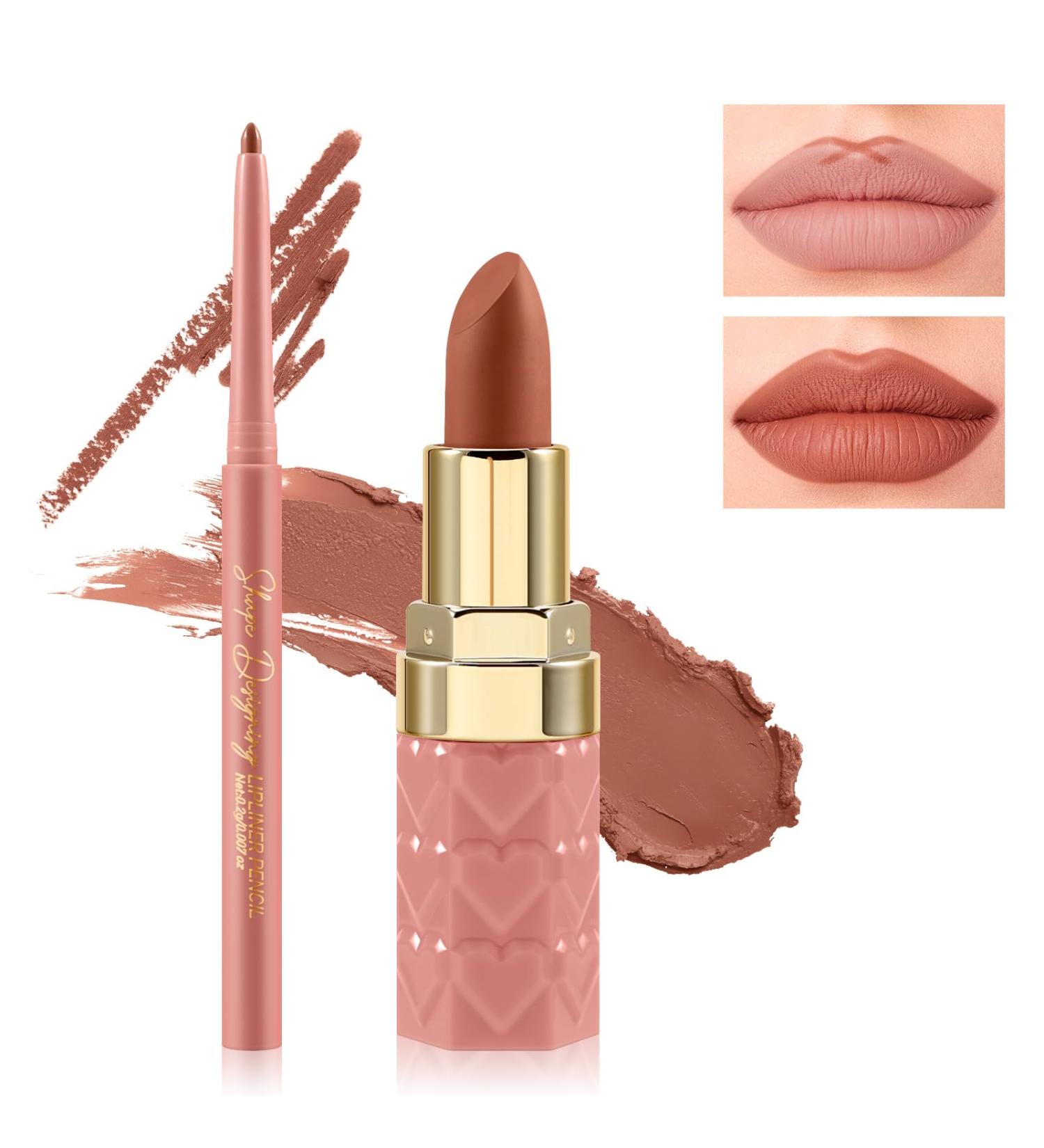 Boobeen 2Pcs Lip Liner & Lipstick Set - Velvety Nude Lip Crayon Ultra-Long-Lasting Matte Lip Gloss Gift Set for Women | International Shipping - Buy Online on GoSupps.com