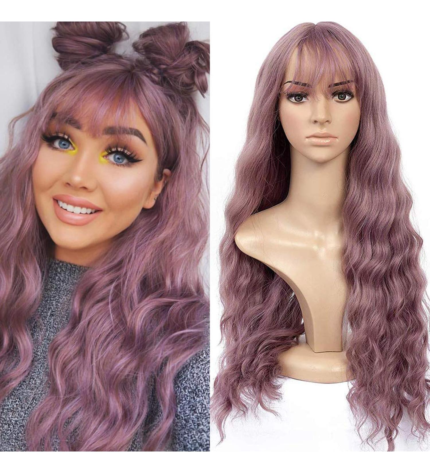 26 inch Pink Wavy Wig with Air Bangs - Heat Resistant Synthetic Hair Replacement for Women - Perfect for Party and Cosplay - Buy Online on GoSupps.com