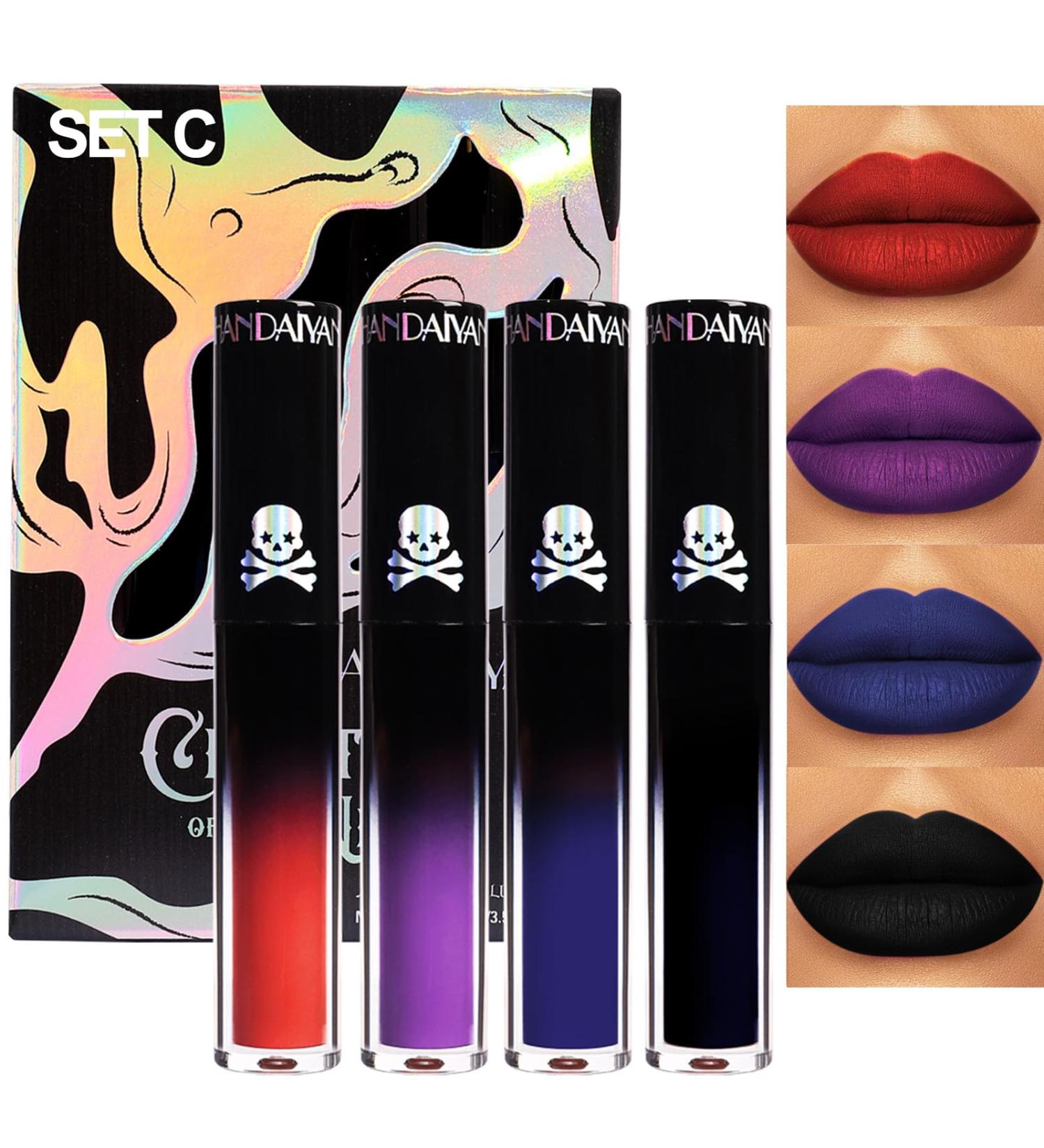 4Pcs Matte Liquid Lipstick Set - Dark Red Purple Blue Black | Long Lasting Waterproof Lip Stain Gift Set for Women - Buy Online on GoSupps.com