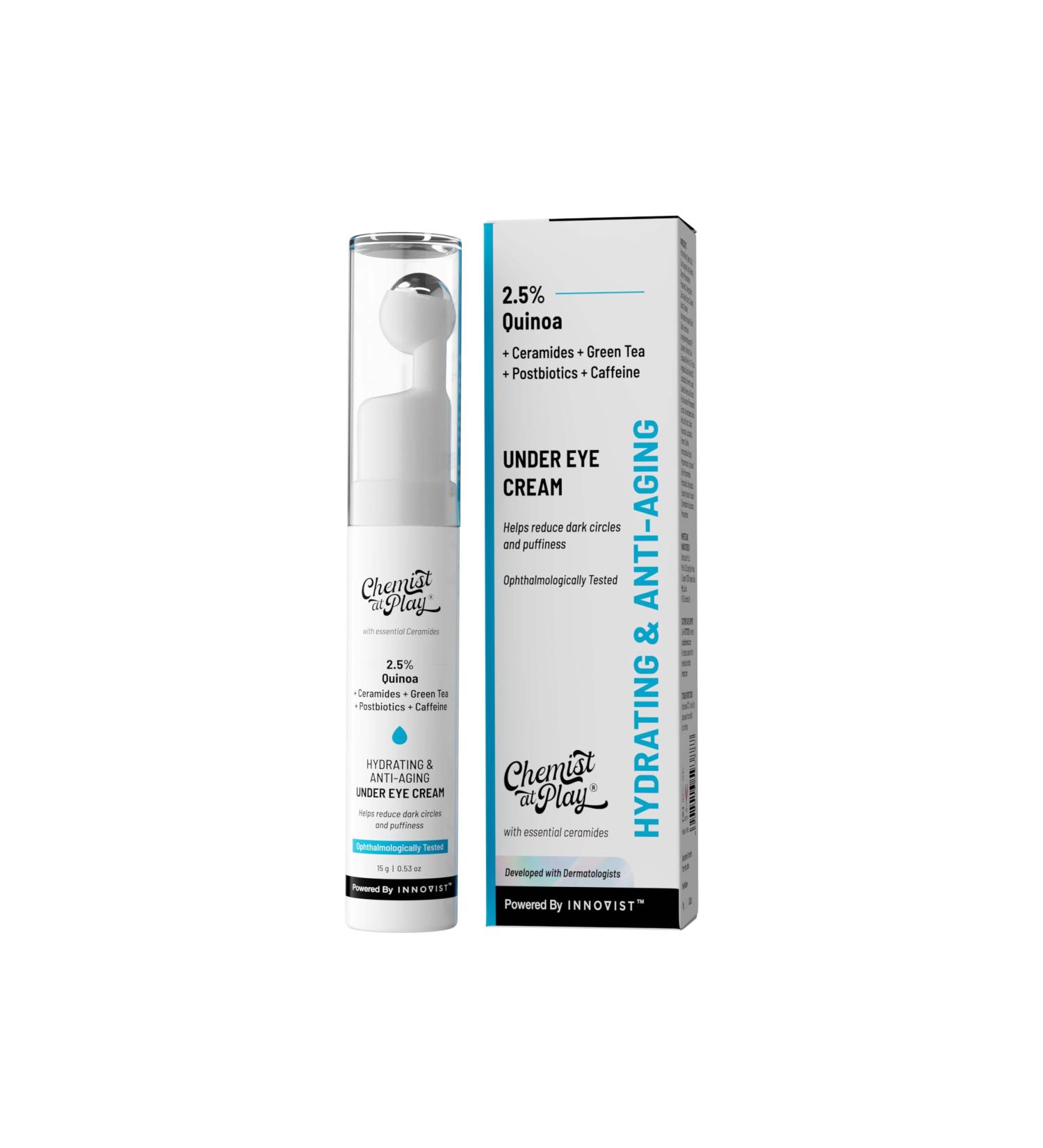 Chemist At Play Under Eye Cream with 2% Revital Eye & Quinoa Extract|Reducing Dark Circles Puffiness Wrinkles Crows Feet|Plant-Based Ceramides|100% Vegan|Cooling Gel & Roller for Men & Women|15g - Buy Online on GoSupps.com
