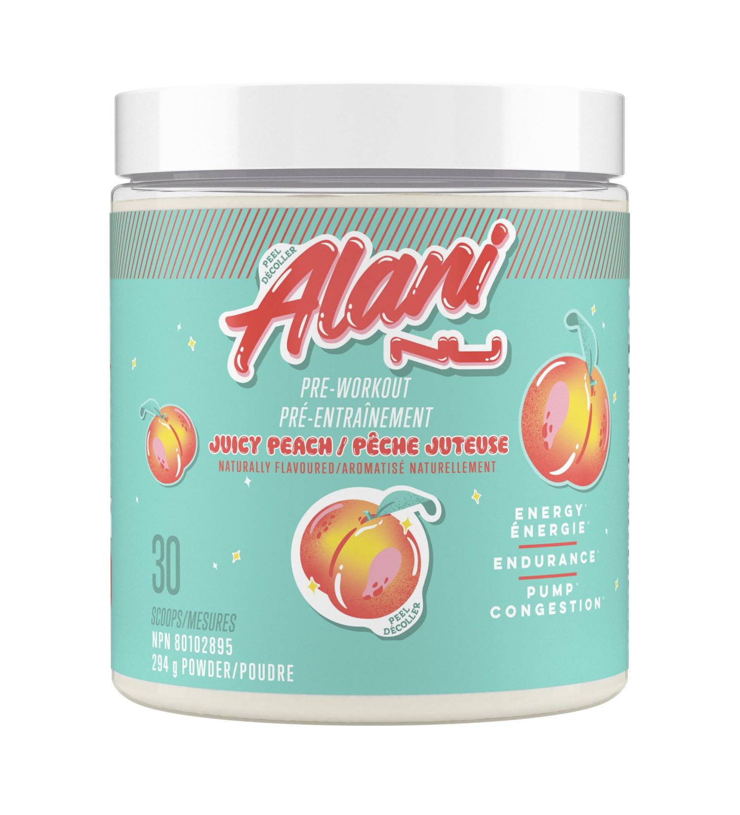 Alani Nu Pre Workout Powder | Amino Energy Boost | Endurance Supplement | Sugar Free | 100mg Caffeine | L-Theanine Beta-Alanine Citrulline | 30 Servings (Juicy Peach) - Buy Online on GoSupps.com
