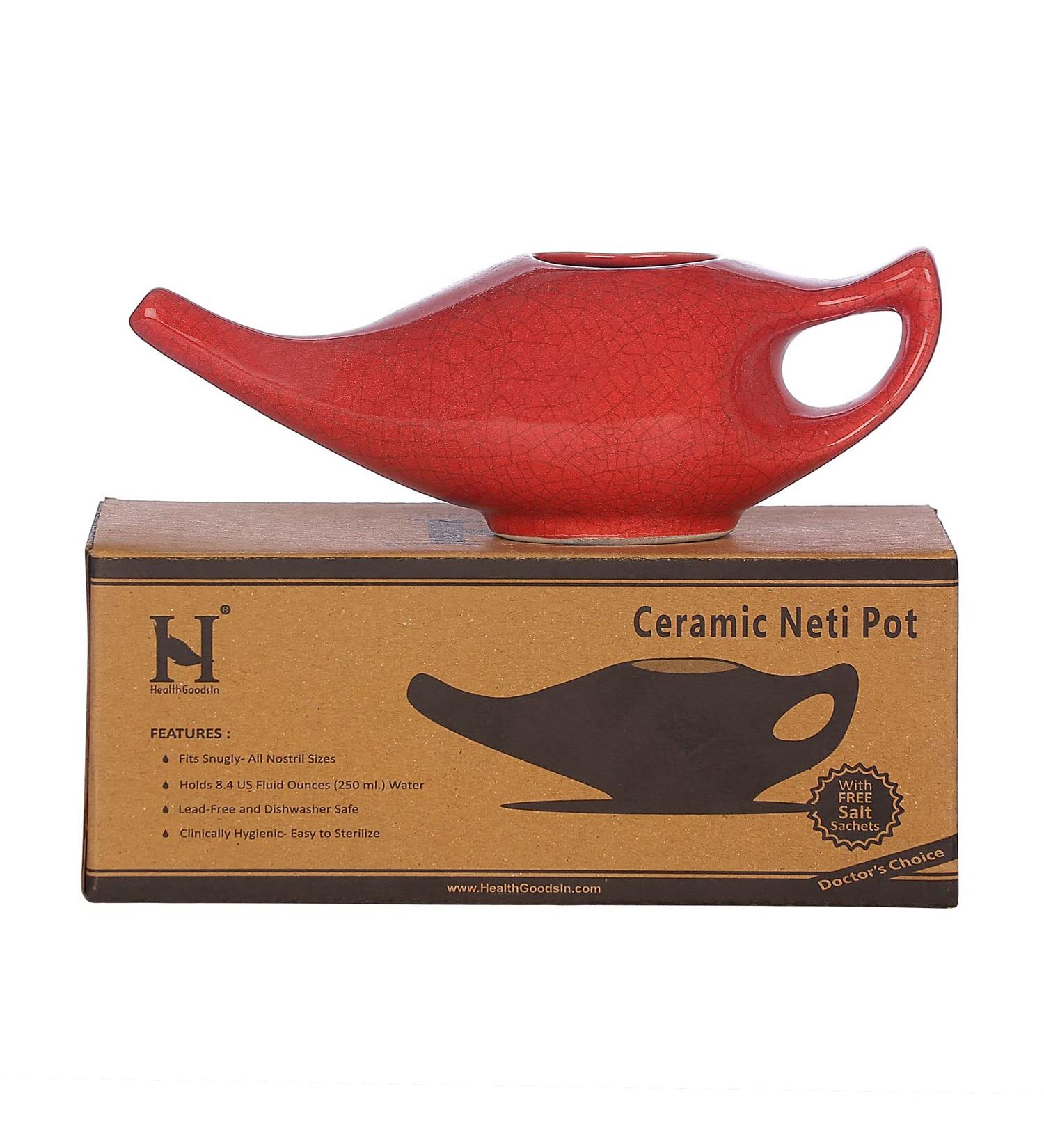 HealthGoodsIn Premium Ceramic Neti Pot - 225ml, Crackle Pattern Red | Handcrafted, Durable & Dishwasher Safe - Buy Online on GoSupps.com