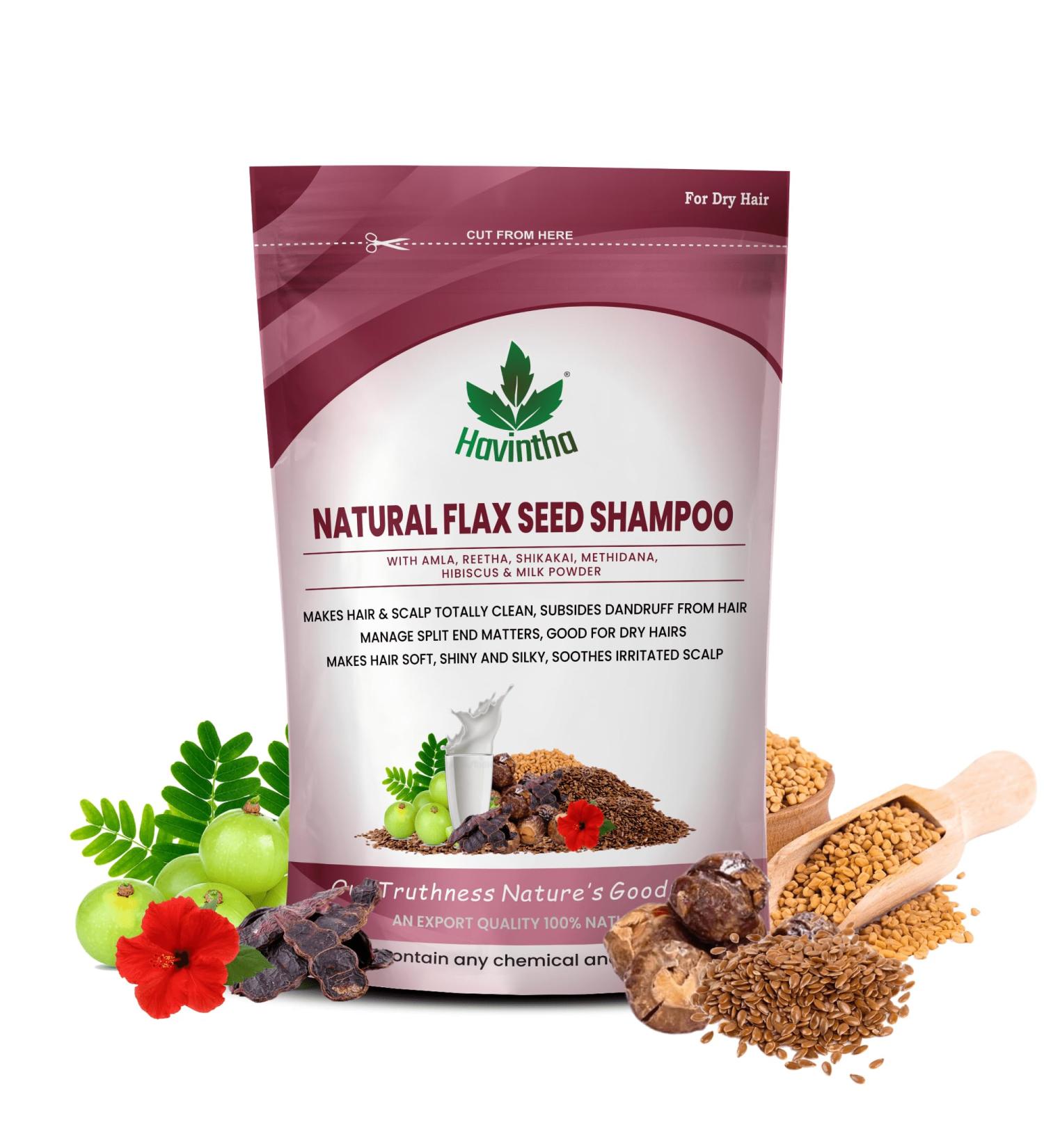 Havintha Natural Flaxseed Shampoo for Dry Hair - Amla Reetha Shikakai Methidana Hibiscus & Milk Powder - 227gm - International Shipping - Buy Online on GoSupps.com