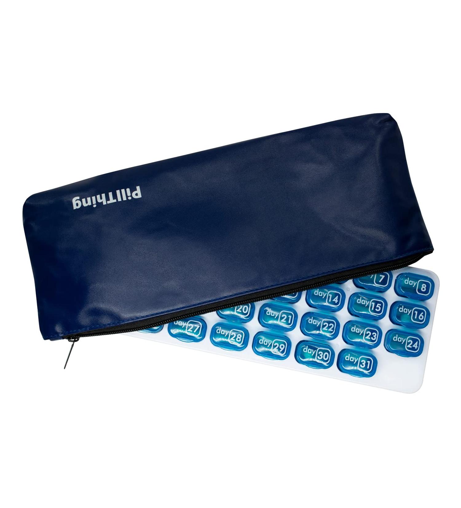 Pill Pod Organizer with Zippered Travel Case - 31-Day Monthly Medication Vitamins & Supplements Organizer (Blue) | Perfect for Travel - Buy Online on GoSupps.com