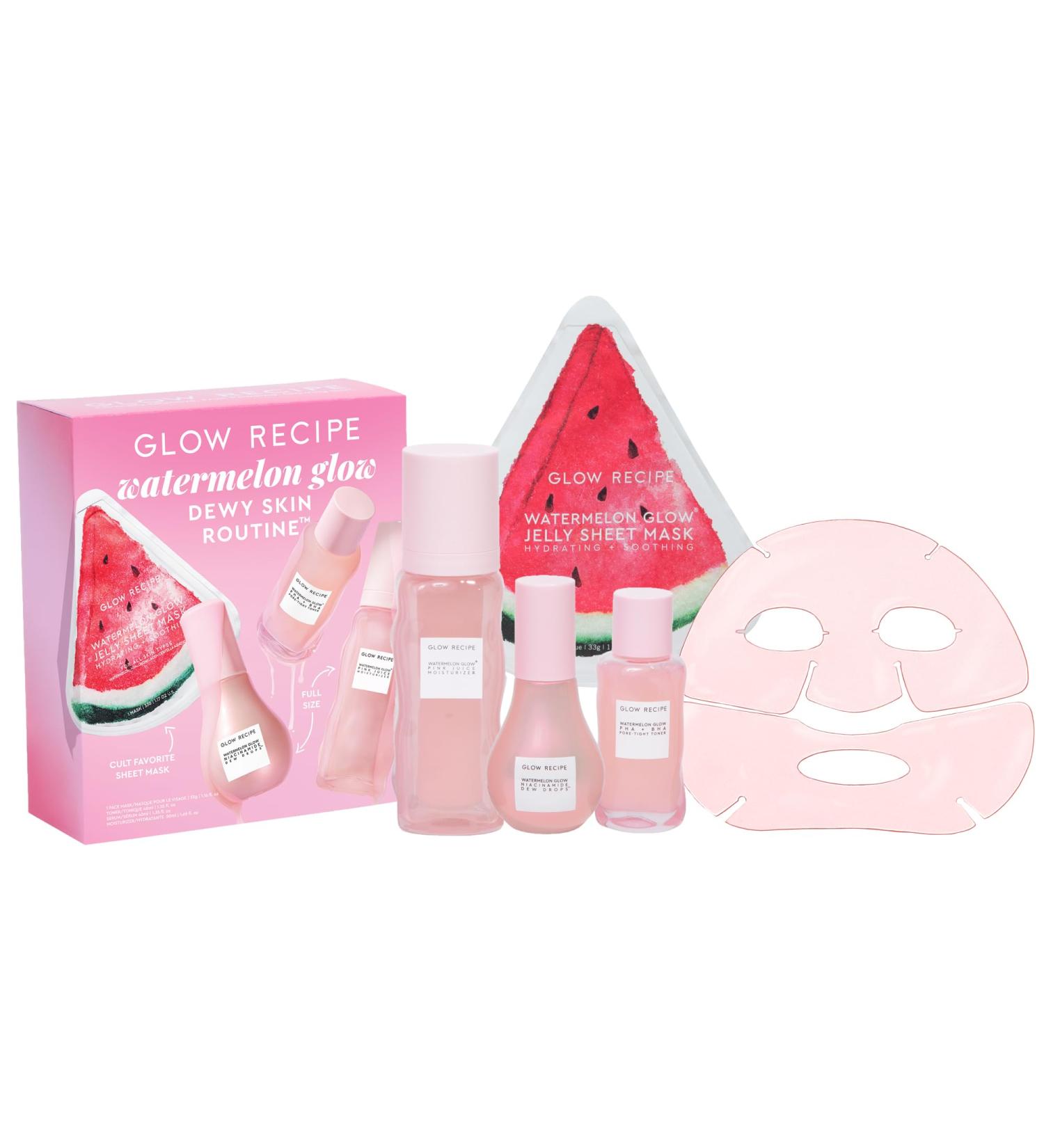 Glow Recipe Watermelon Glow Dewy Skin Routine Kit - Full Size Dew Drops Serum Full Size Pink Juice Moisturizer Travel Size PHA+BHA Pore-Tight Toner & Watermelon Jelly Sheet Mask (4 Count) - Buy Online on GoSupps.com