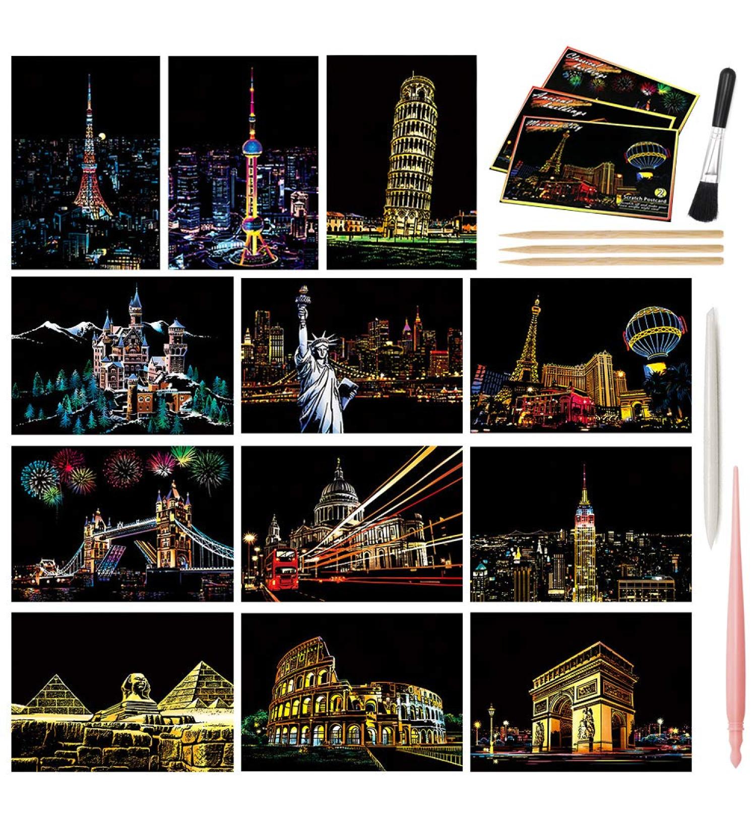 Magic Scratch Art Paper Mini Envelope Postcard Set | Rainbow Night View Scratchboard for Adults & Kids | 12 Sheets & Drawing Pen Included - Buy Online on GoSupps.com
