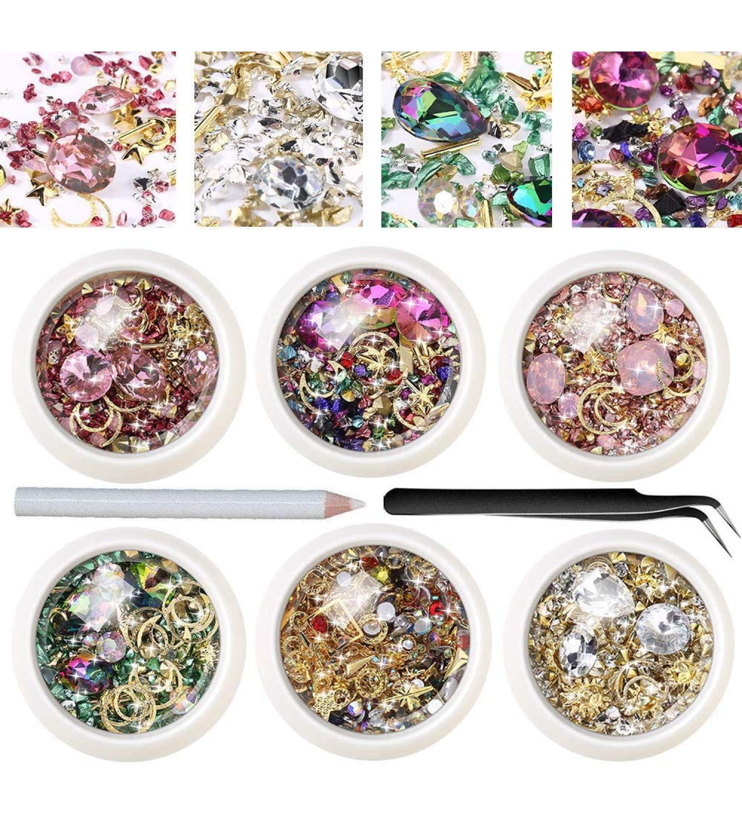 6 Boxes Mixed Nail Art Rhinestones Diamonds Crystals Beads Gems with Tweezer for 3D Nails Art Decoration Nail Art Supplies - Buy Online on GoSupps.com