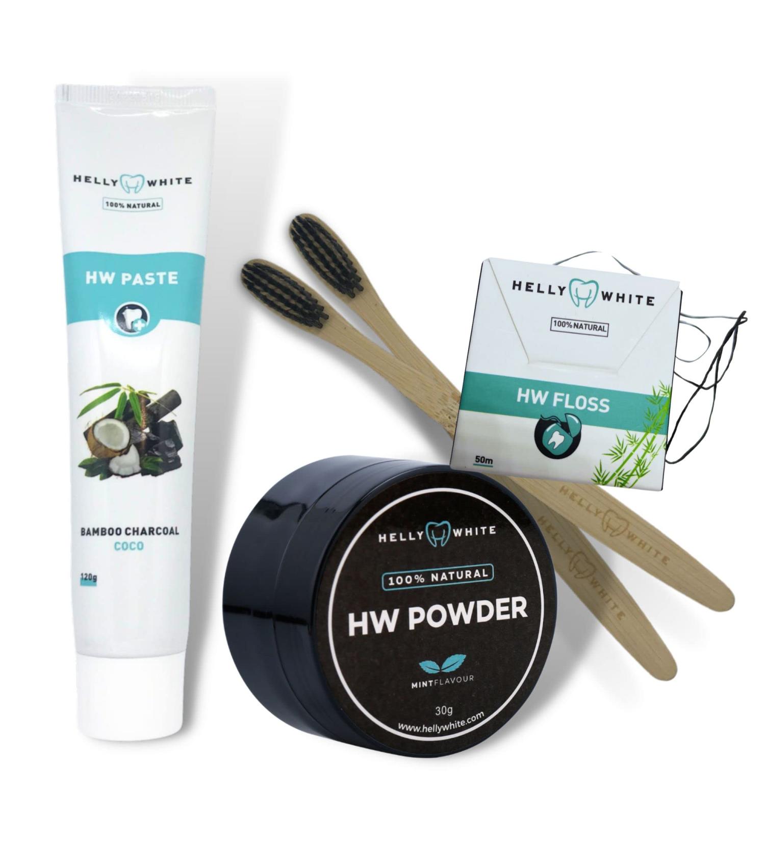 Professional Natural Teeth Whitening Kit Activated Charcoal Powder Peppermint Toothpaste Sensitive Gums Dental Floss White Teeth Vegan Removes Tartar Stains Plaque Bad Breath - Buy Online on GoSupps.com