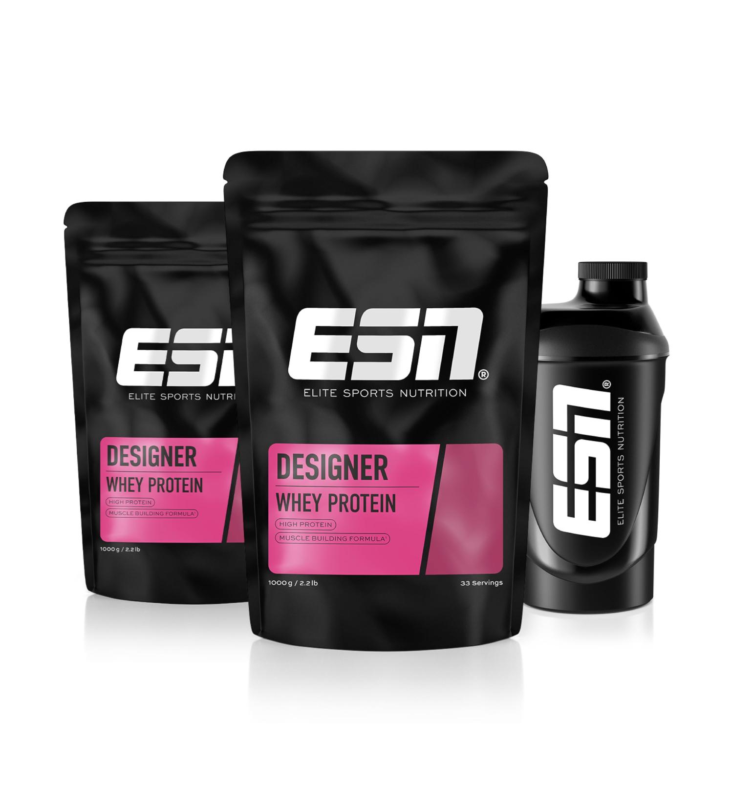 ESN Designer Whey Protein Powder 2 x 1 kg - Free Shaker Vanilla 23g Protein/Serving - Muscle Building - Made in Germany - Buy Online on GoSupps.com