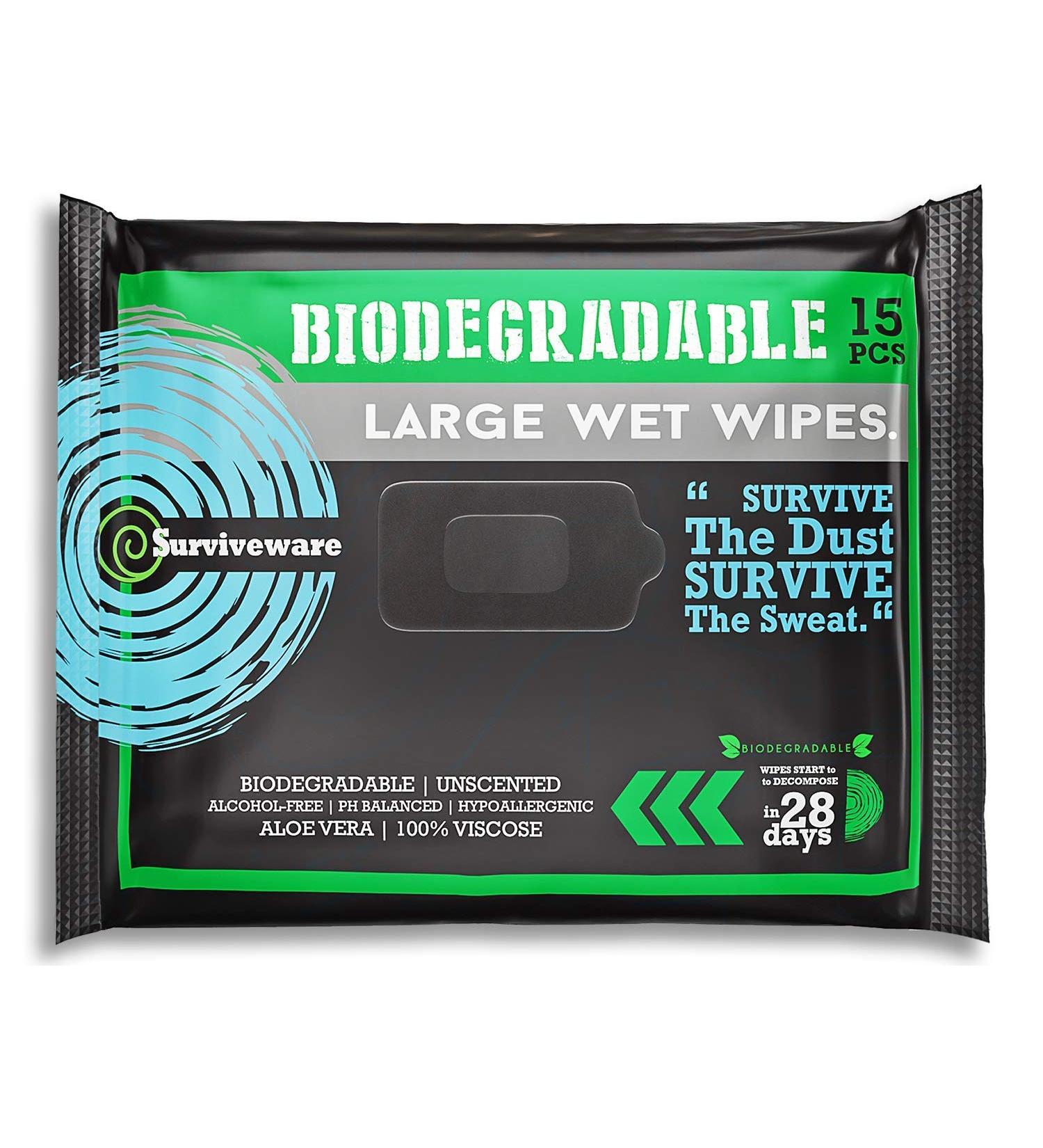 Surviveware Biodegradable Wet Wipes - 15 Count, Post Workout & Camping Face/Body Wipes for Adults - Buy Online on GoSupps.com