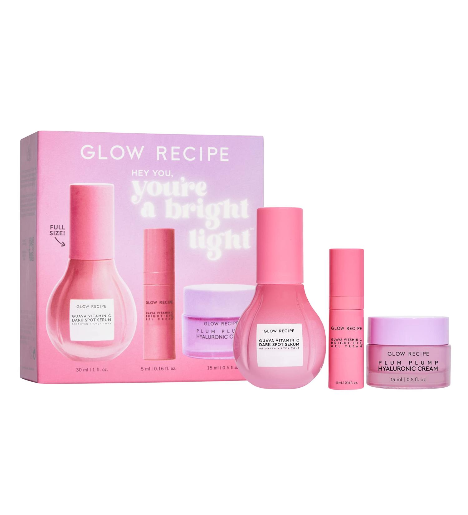Glow Recipe Hey You You're a Bright Light Kit - Guava Vitamin C Dark Spot Serum (30ml) Guava Vitamin C Bright-Eye Gel Cream (5ml) + Plum Plump Hyaluronic Cream (15ml) to Fade Spots & Plump Skin - Buy Online on GoSupps.com