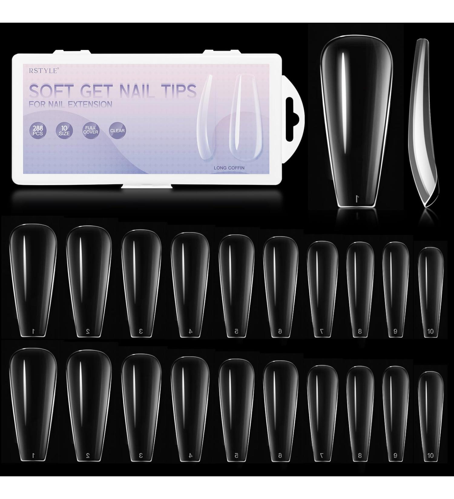 Rstyle 288 Nail Tips - 10 Sizes Transparent Full Cover Almond Gel Tips for UV Nail Polish | Long Ballerina Dark Red - Buy Online on GoSupps.com